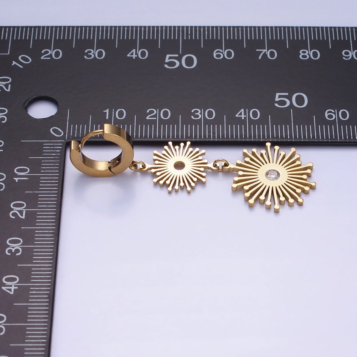 Stainless Steel 50mm Celestial Sun Ray CZ Double Drop Huggie Earrings | AE463