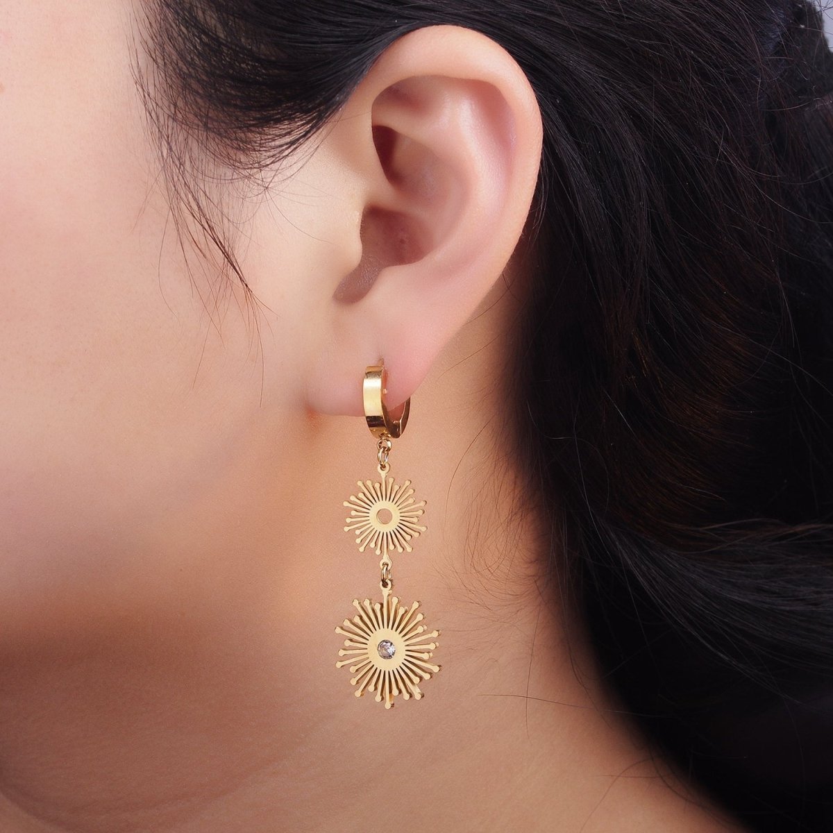 Stainless Steel 50mm Celestial Sun Ray CZ Double Drop Huggie Earrings | AE463