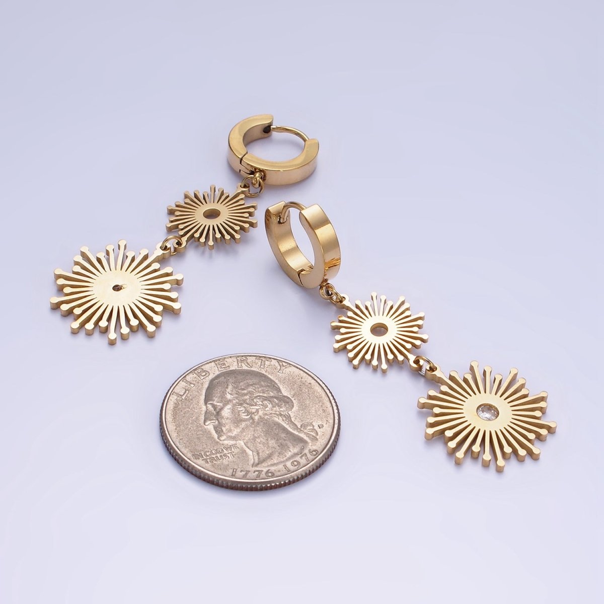 Stainless Steel 50mm Celestial Sun Ray CZ Double Drop Huggie Earrings | AE463
