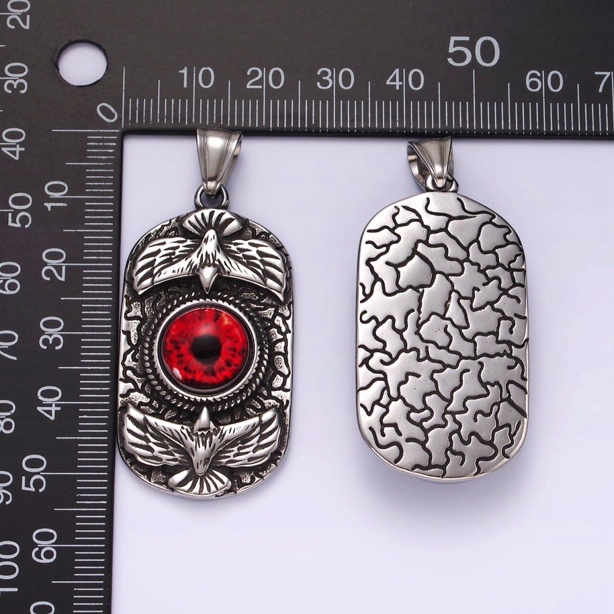Stainless Steel 50mm Red Eye Double Bird Textured Oblong Pendant | P1062