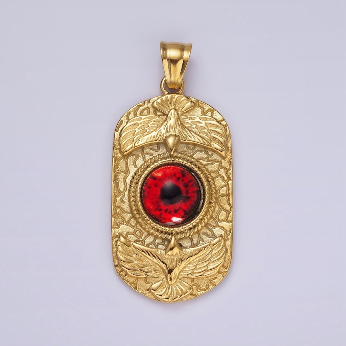 Stainless Steel 50mm Red Eye Double Bird Textured Oblong Pendant | P1073