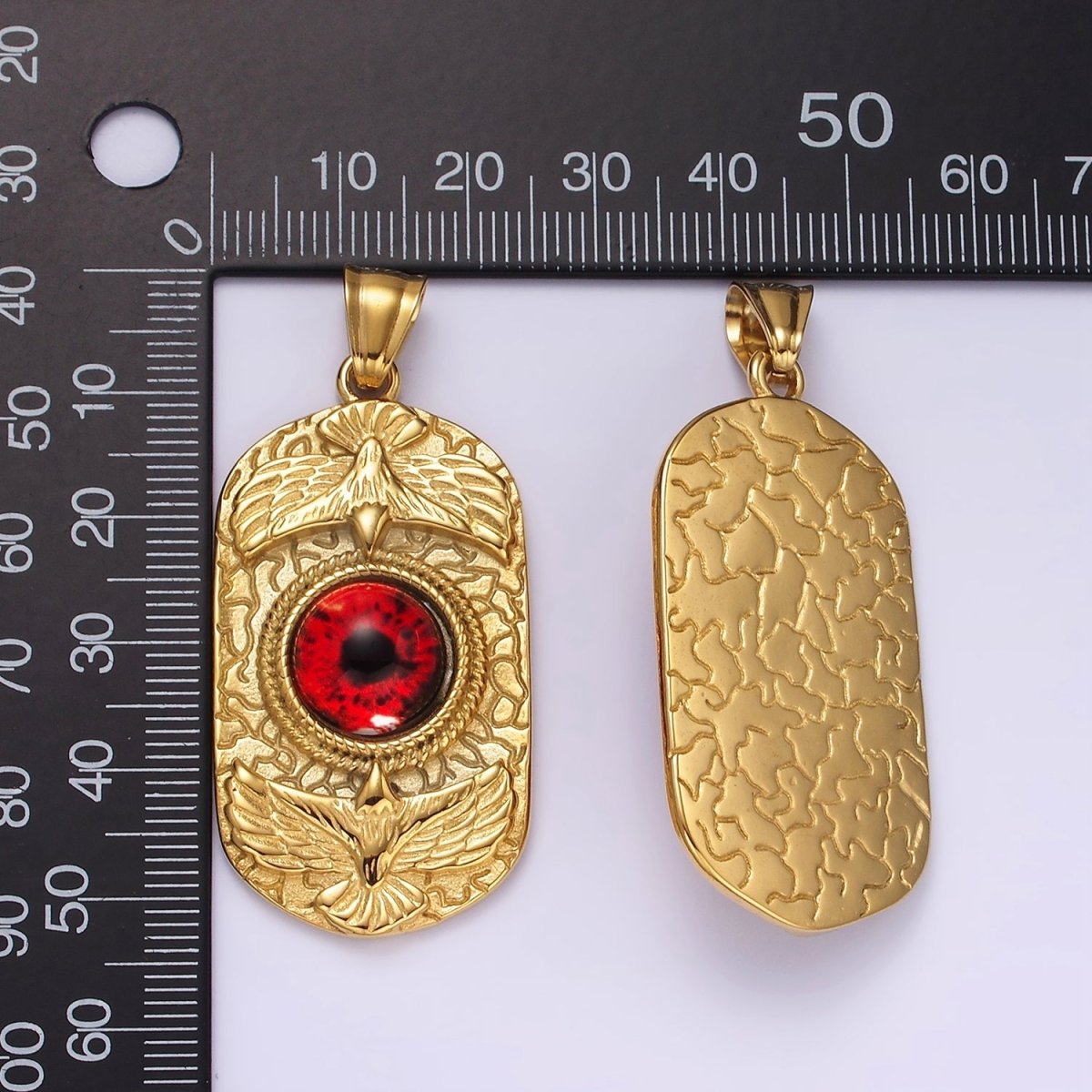 Stainless Steel 50mm Red Eye Double Bird Textured Oblong Pendant | P1073