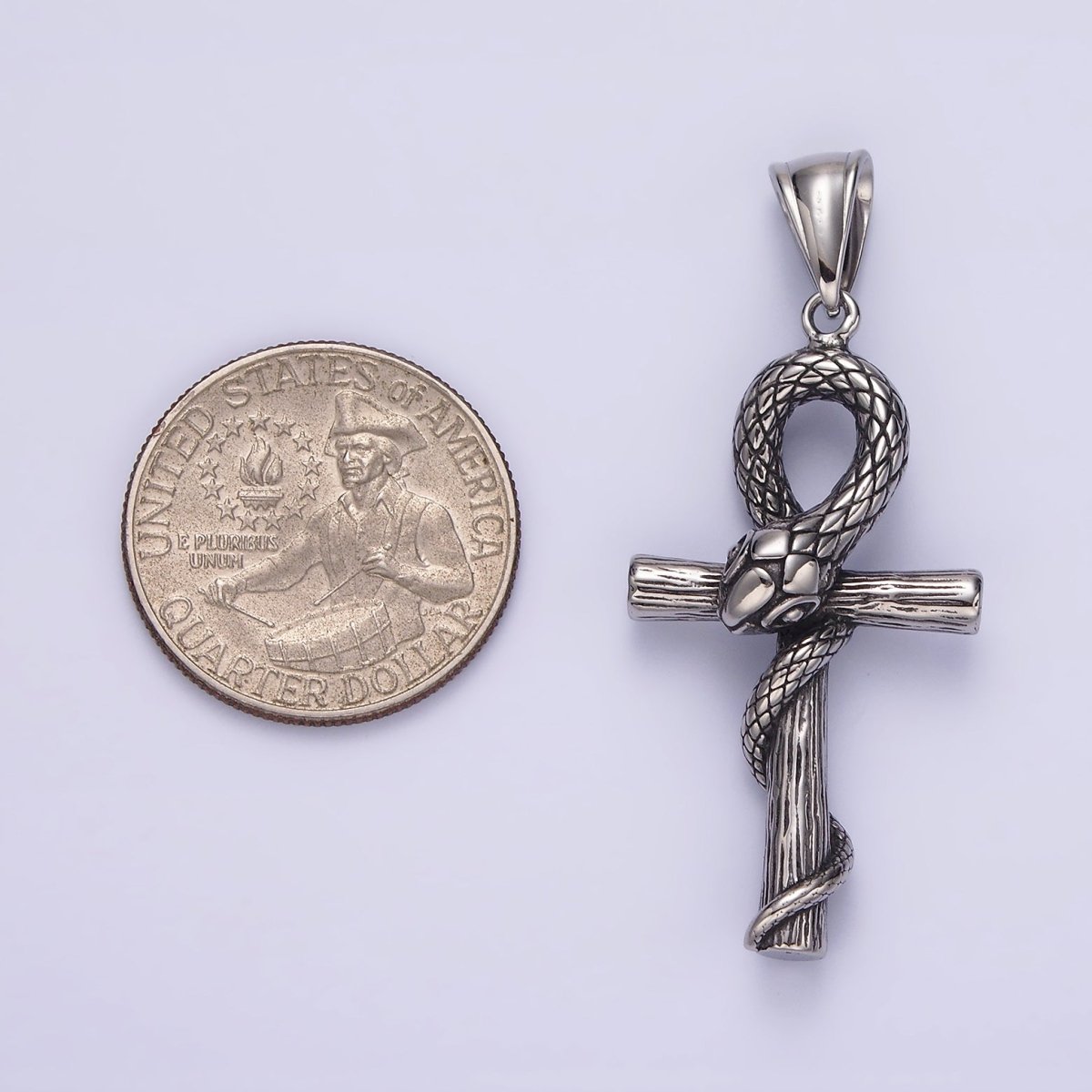 Stainless Steel 50mm Snake Wood-Textured Egyptian Ankh Cross Pendant | P-748