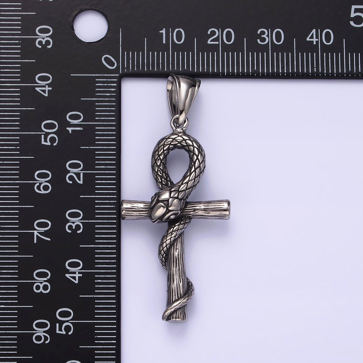 Stainless Steel 50mm Snake Wood-Textured Egyptian Ankh Cross Pendant | P-748