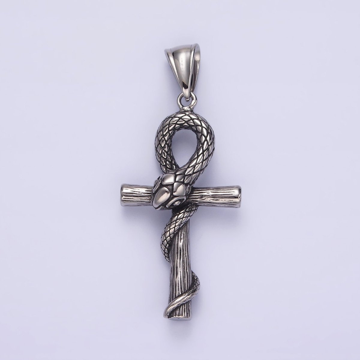 Stainless Steel 50mm Snake Wood-Textured Egyptian Ankh Cross Pendant | P-748