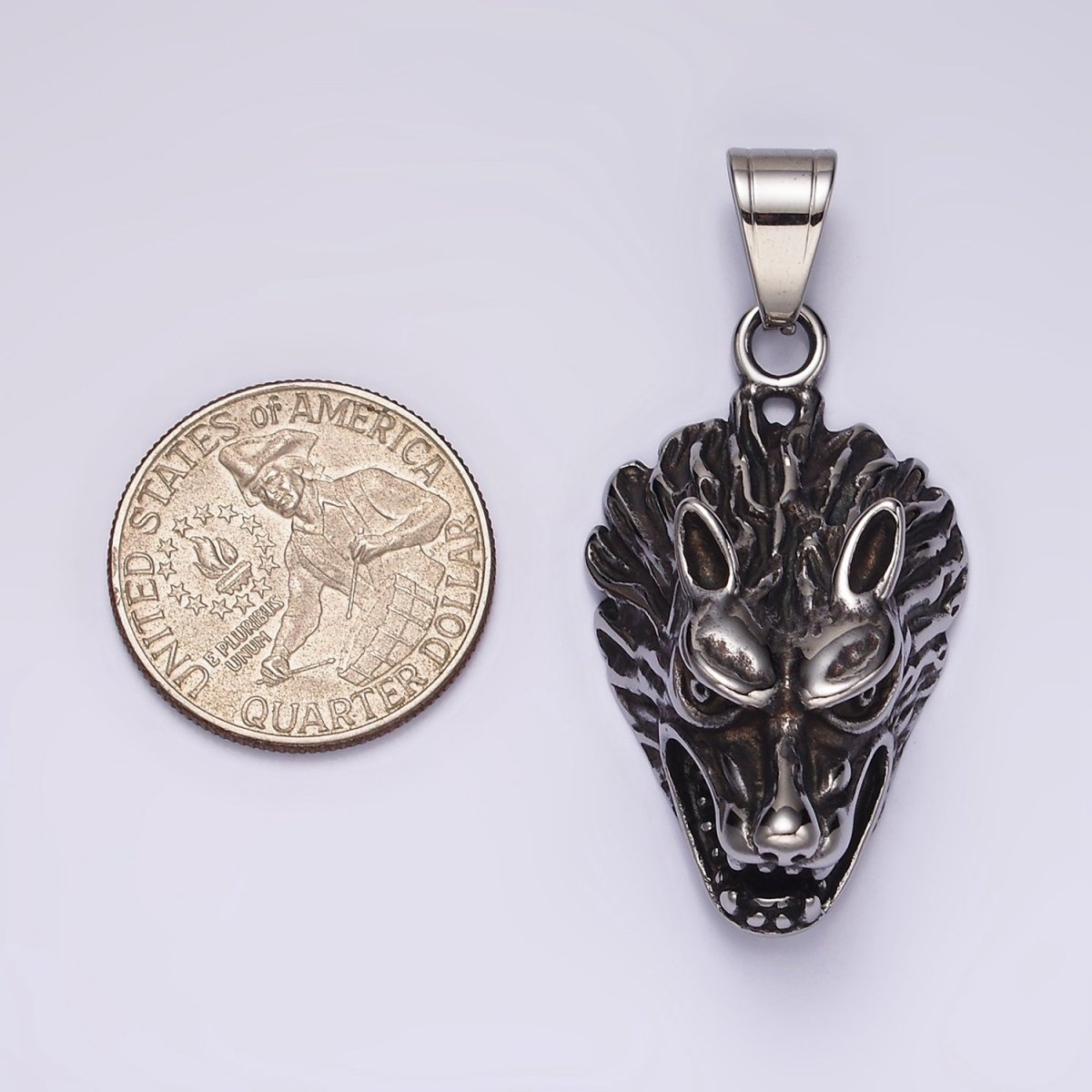 Stainless Steel 50mm Snarling Wolf Animal Head Oxidized Pendant | P1174