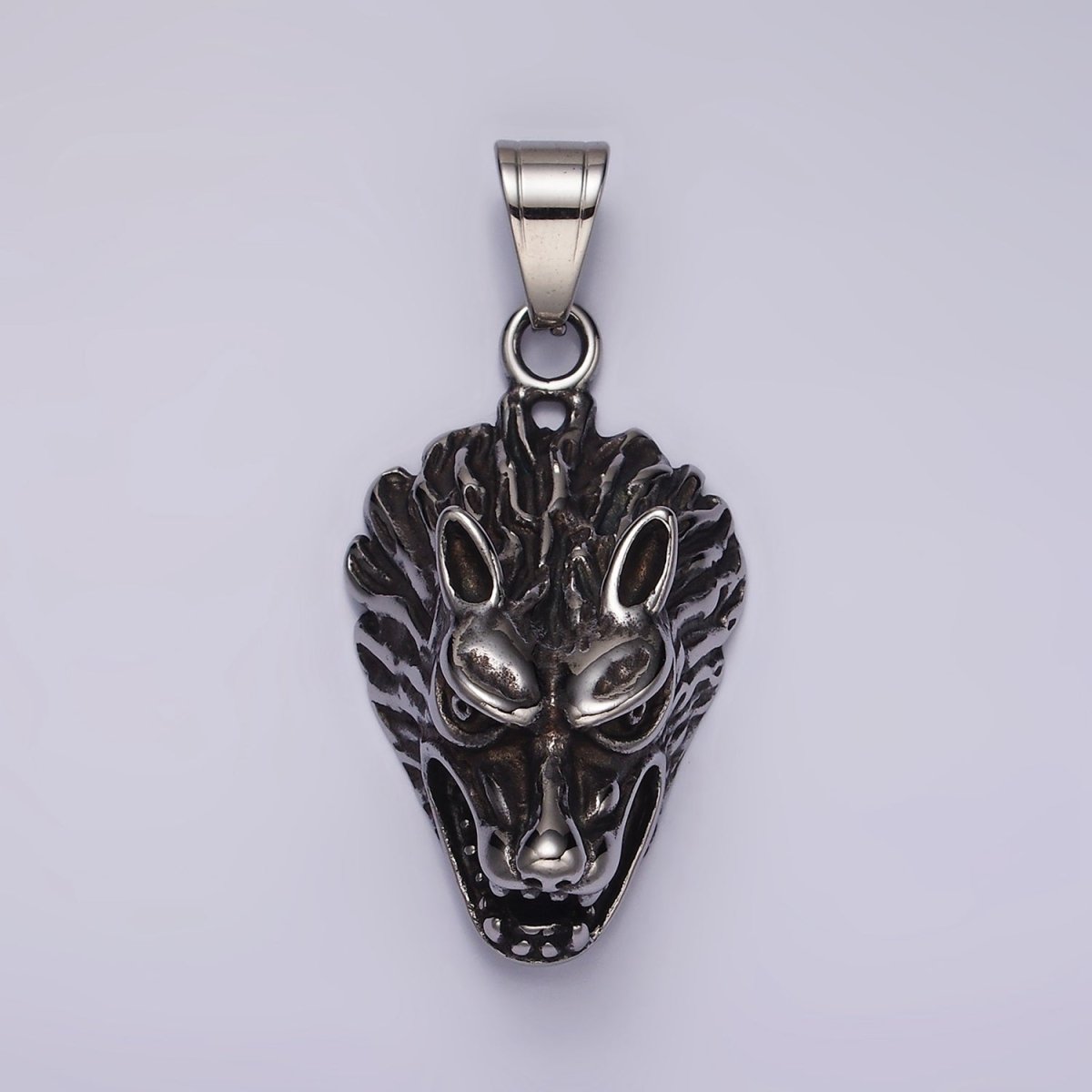 Stainless Steel 50mm Snarling Wolf Animal Head Oxidized Pendant | P1174