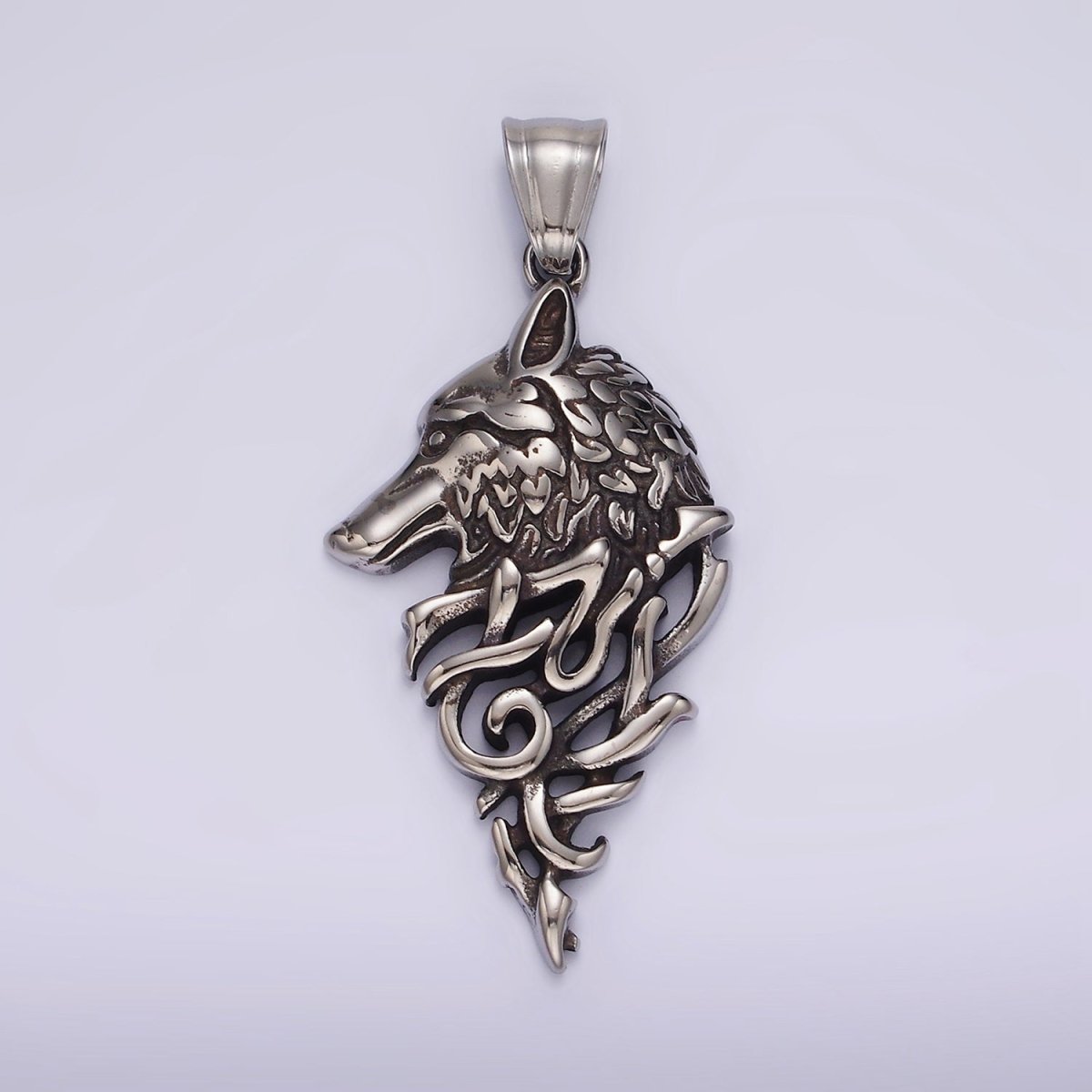 Stainless Steel 50mm Wolf Animal Head Geometric Open Oxidized Pendant | P1185