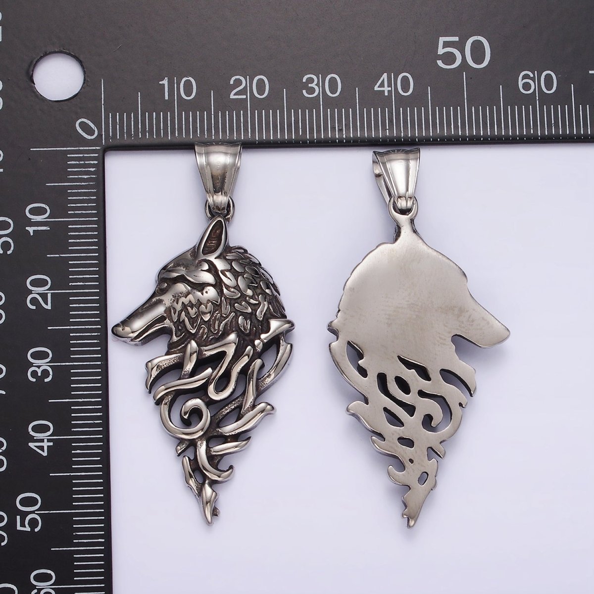Stainless Steel 50mm Wolf Animal Head Geometric Open Oxidized Pendant | P1185