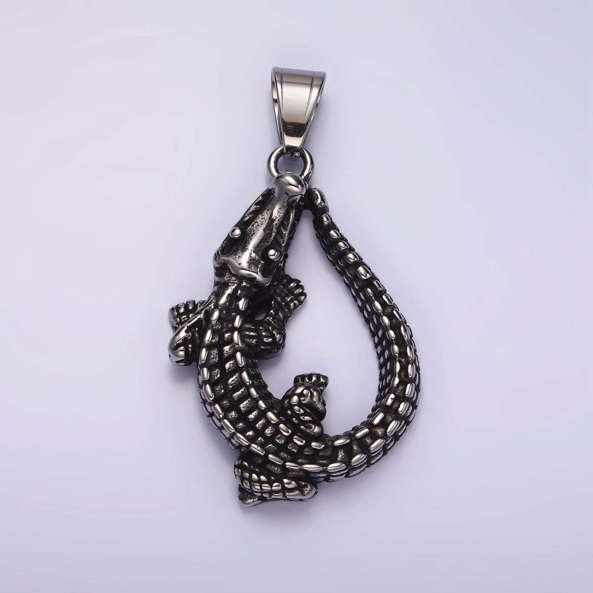 Stainless Steel 53mm Crocodile Alligator Animal Open Teardrop Oxidized Pendant | P1177