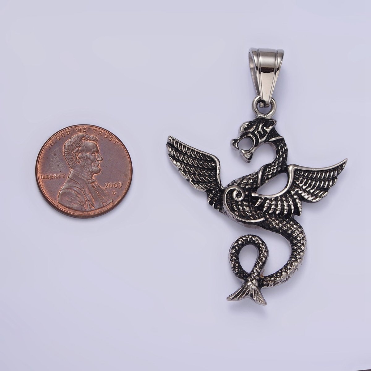 Stainless Steel 53mm Textured Sea Snake Dragon Wings Pendant | P-806