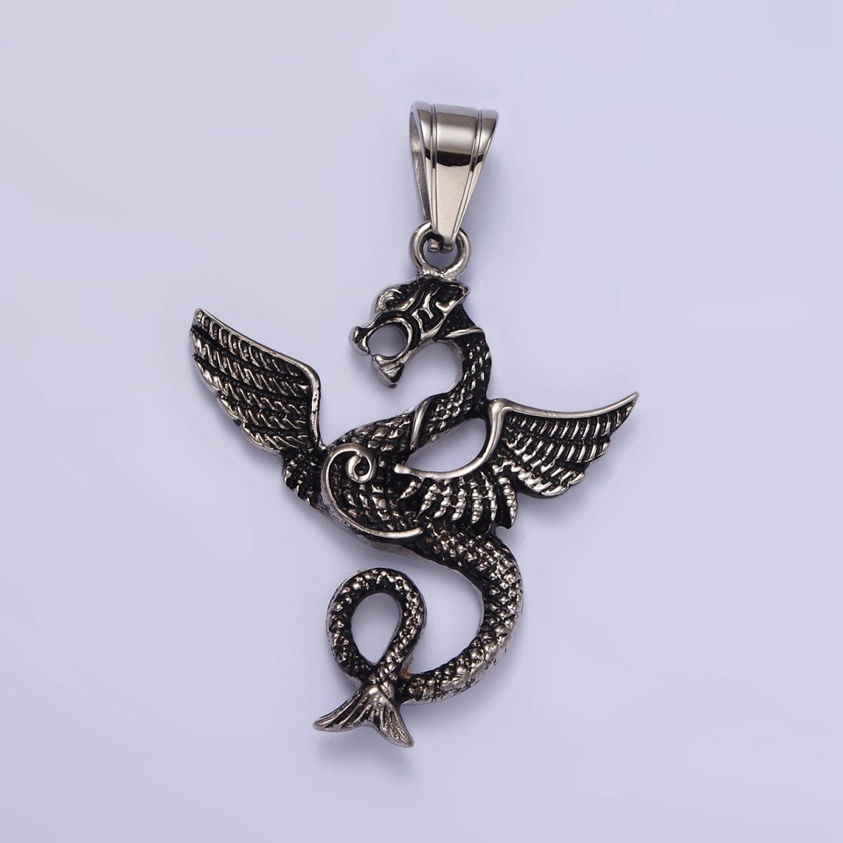 Stainless Steel 53mm Textured Sea Snake Dragon Wings Pendant | P-806
