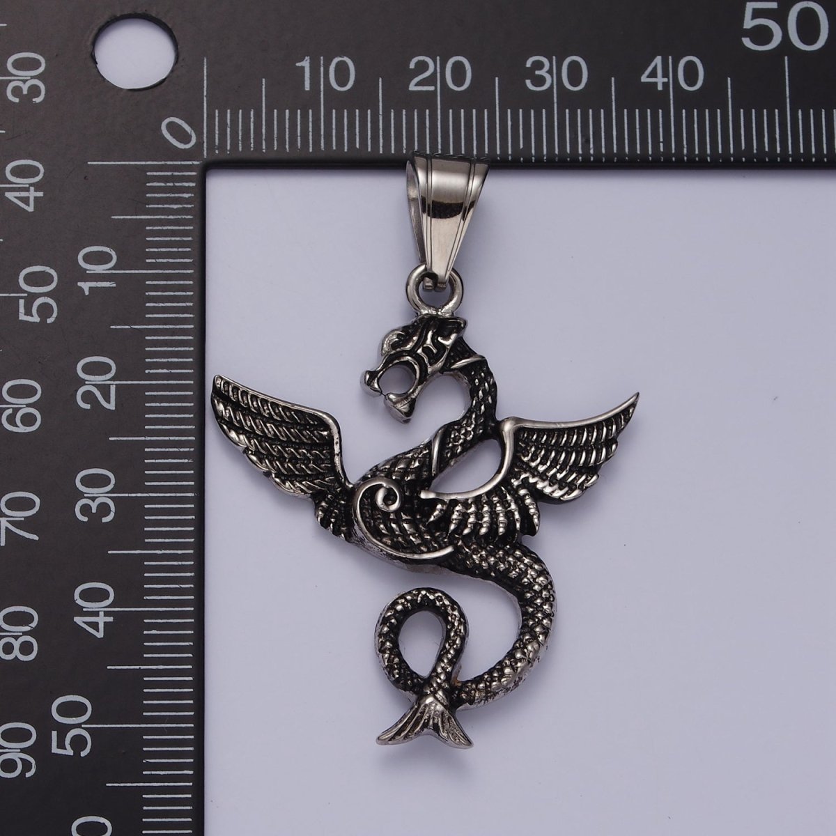 Stainless Steel 53mm Textured Sea Snake Dragon Wings Pendant | P-806