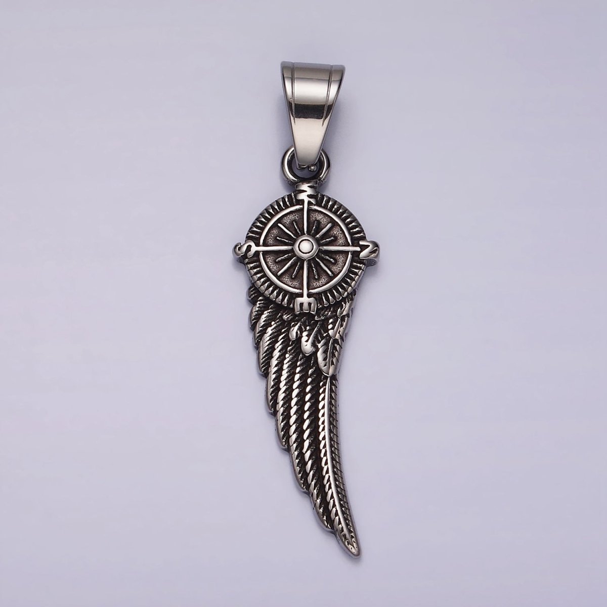 Stainless Steel 55mm Compass Angel Feather Wing Oxidized Pendant | P1180
