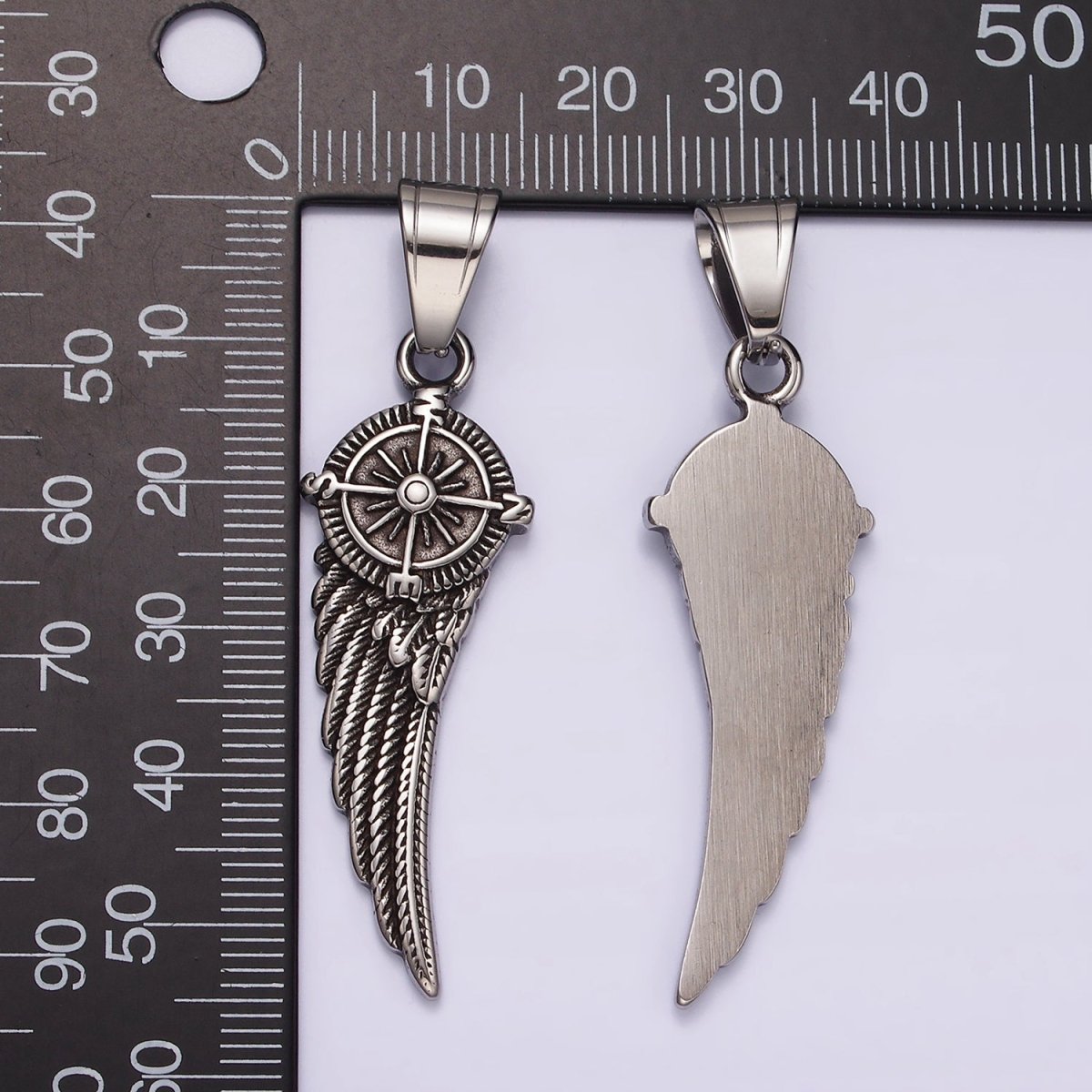 Stainless Steel 55mm Compass Angel Feather Wing Oxidized Pendant | P1180