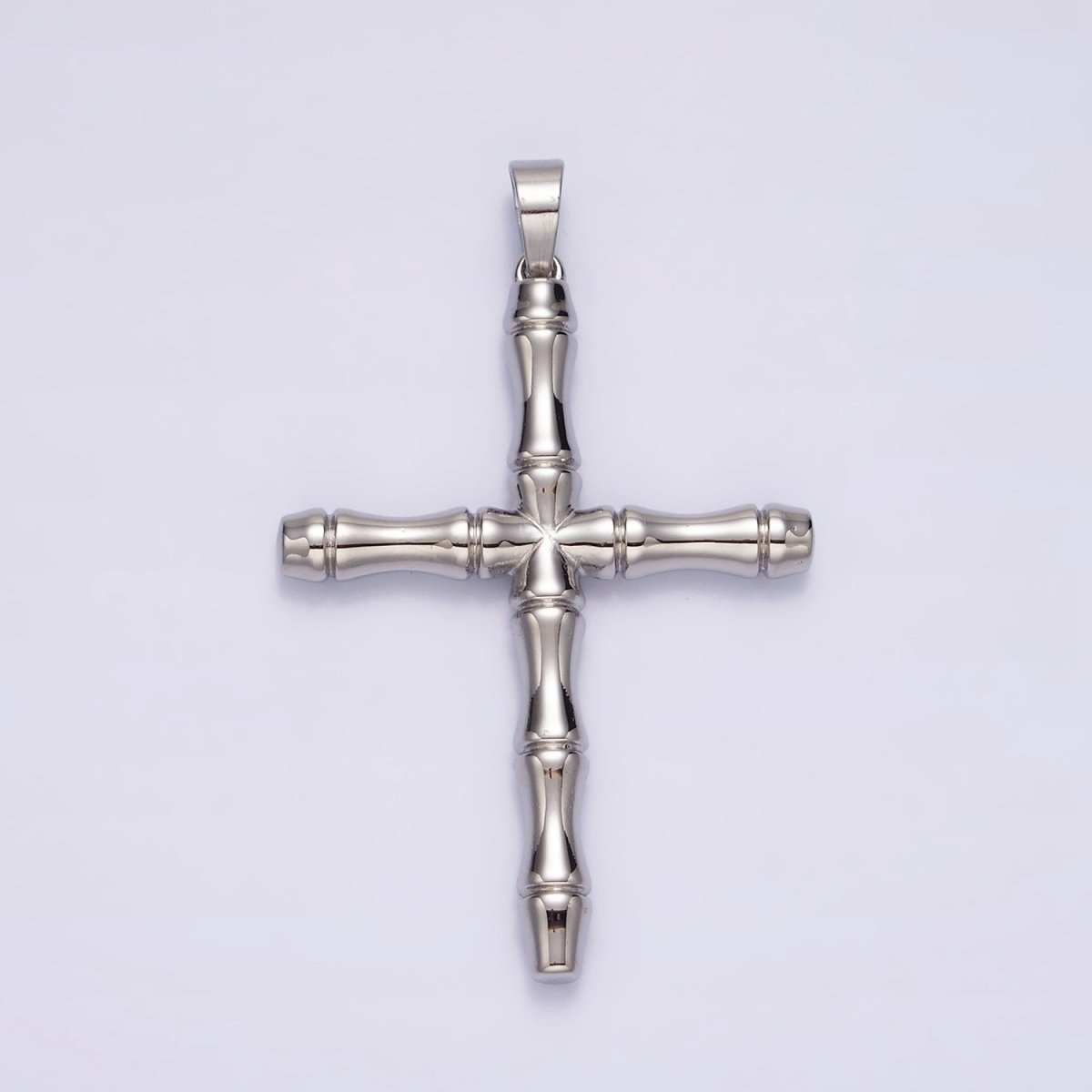 Stainless Steel 56mm Bamboo Cross Religious Silver Pendant | P-774