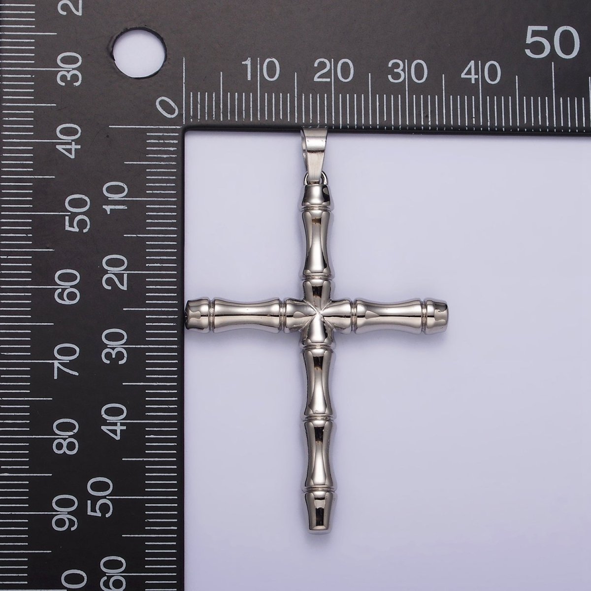 Stainless Steel 56mm Bamboo Cross Religious Silver Pendant | P-774