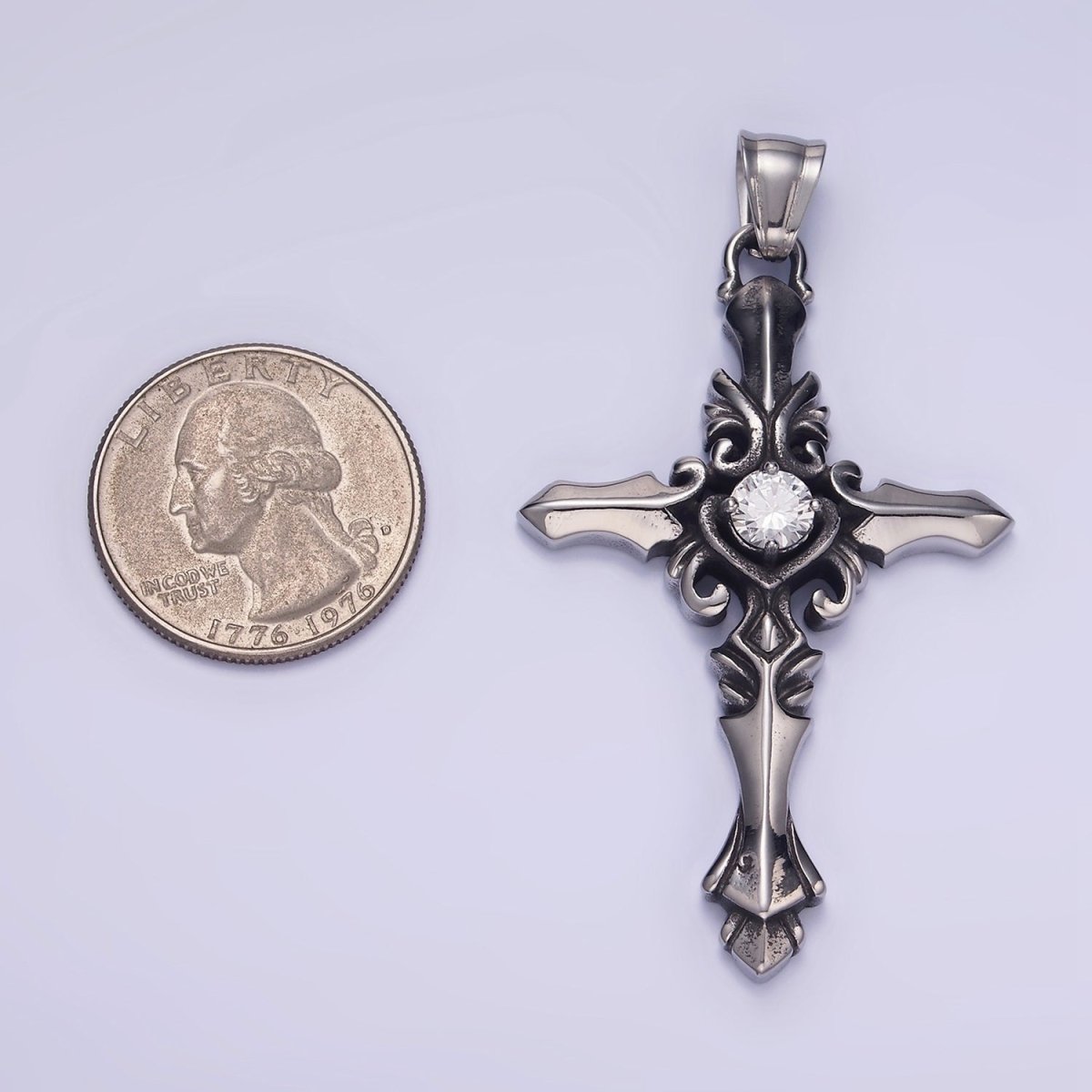 Stainless Steel Clear CZ Artisan Cross Oxidized Silver Pendant | P1421