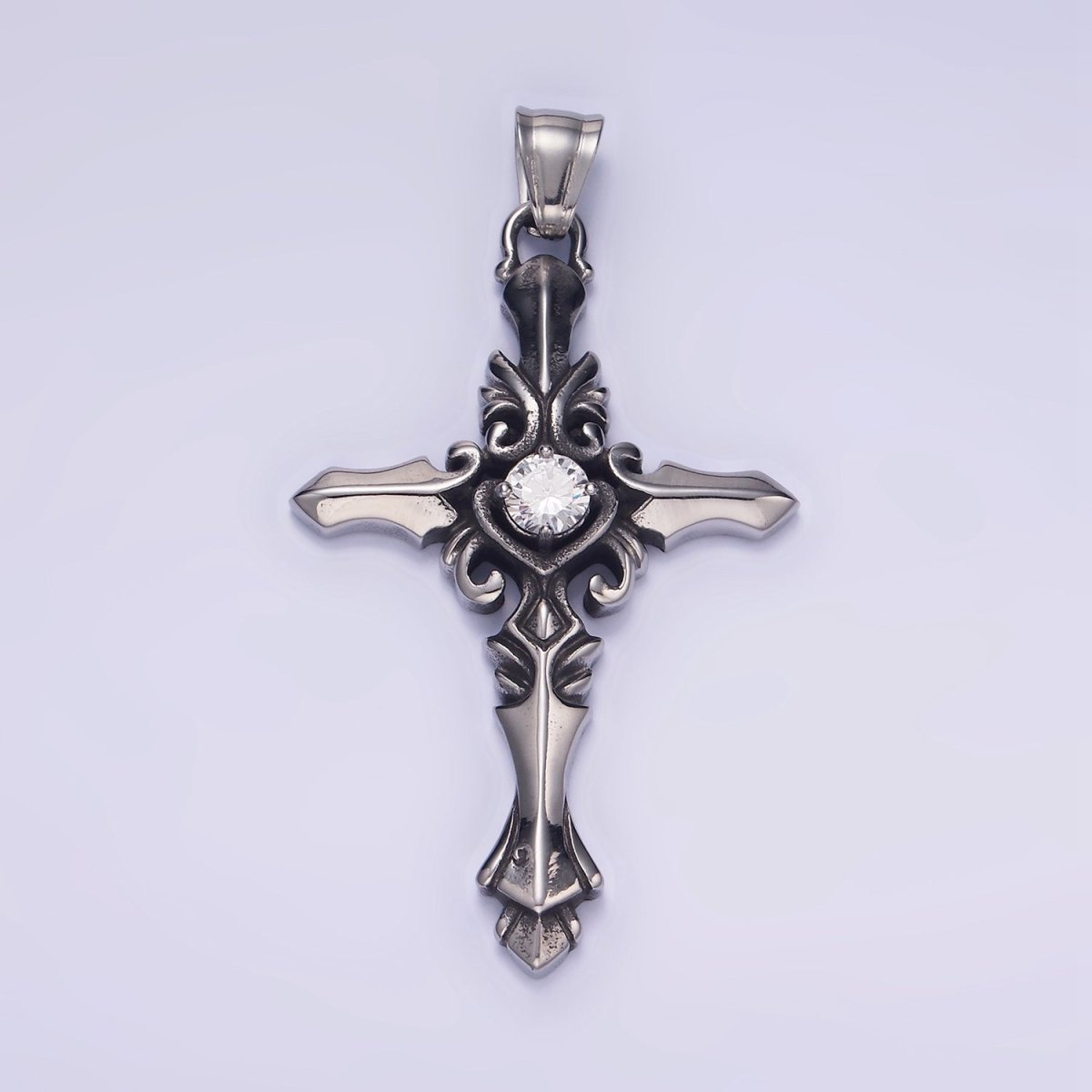 Stainless Steel Clear CZ Artisan Cross Oxidized Silver Pendant | P1421