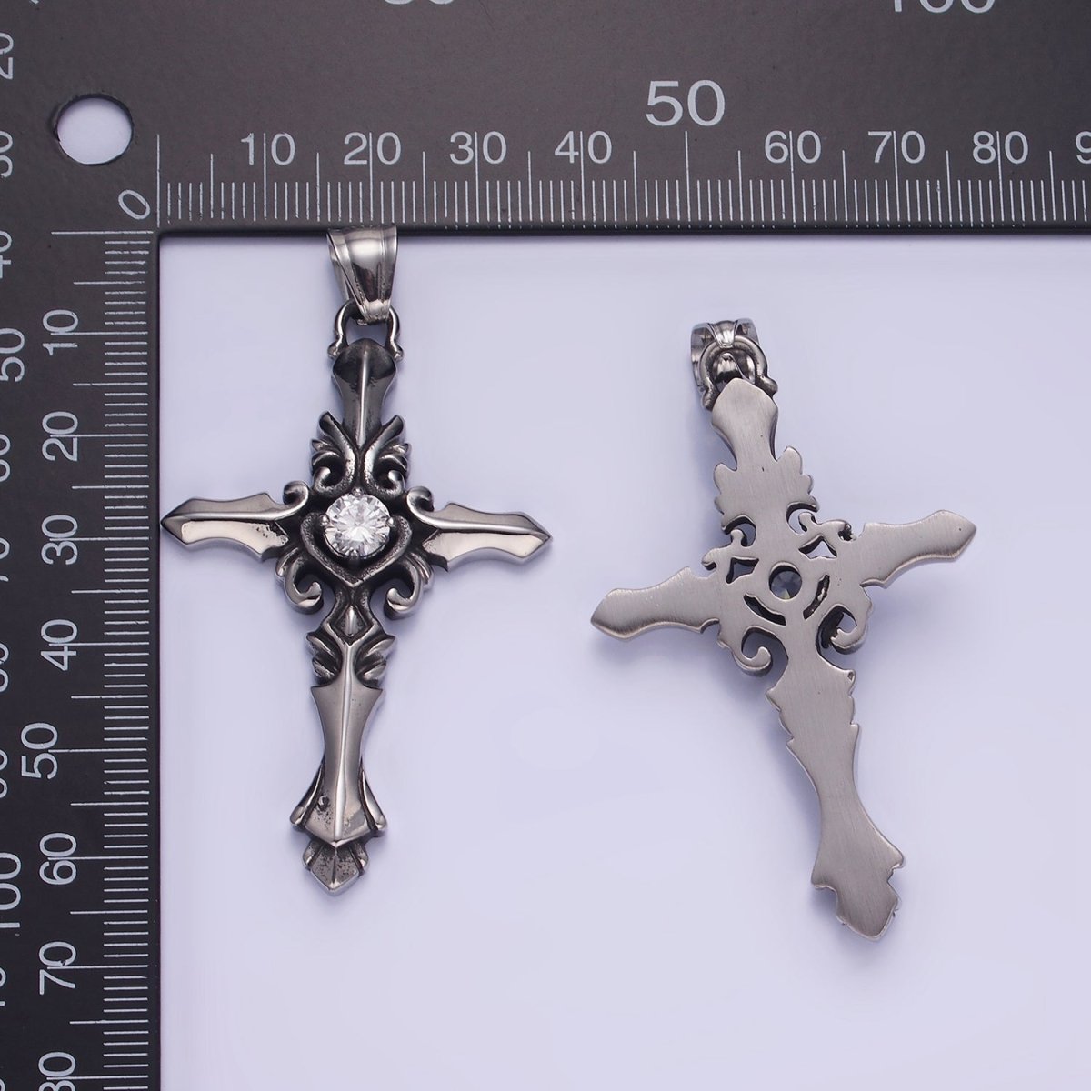 Stainless Steel Clear CZ Artisan Cross Oxidized Silver Pendant | P1421