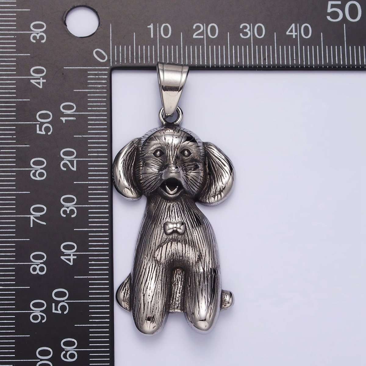 Stainless Steel 60mm Bow-Tied Puppy Dog Pet Textured Pendant | P-777