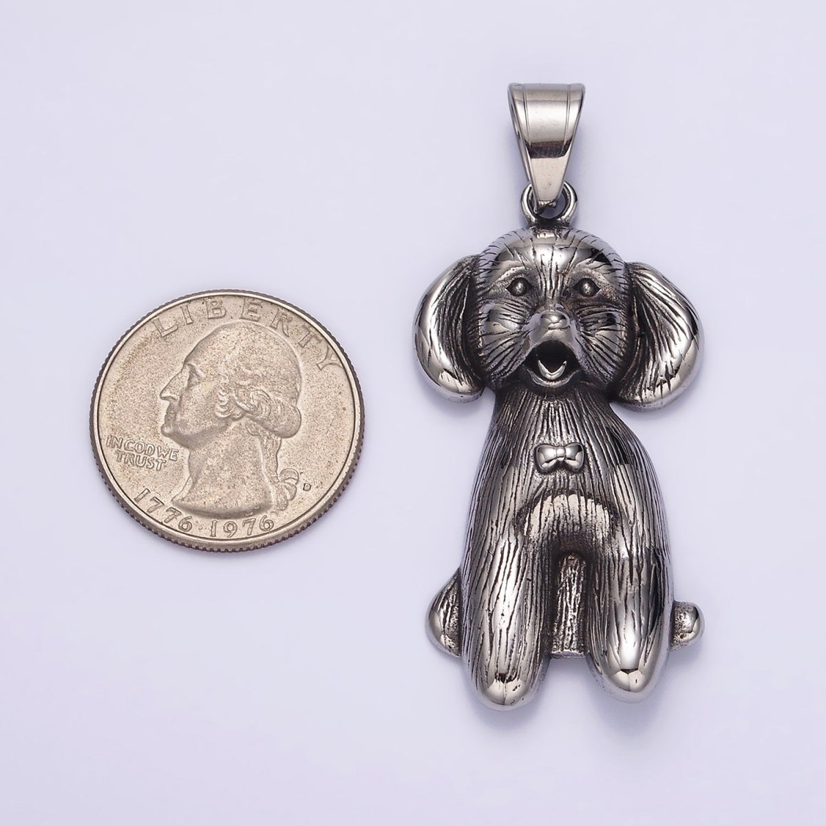 Stainless Steel 60mm Bow-Tied Puppy Dog Pet Textured Pendant | P-777
