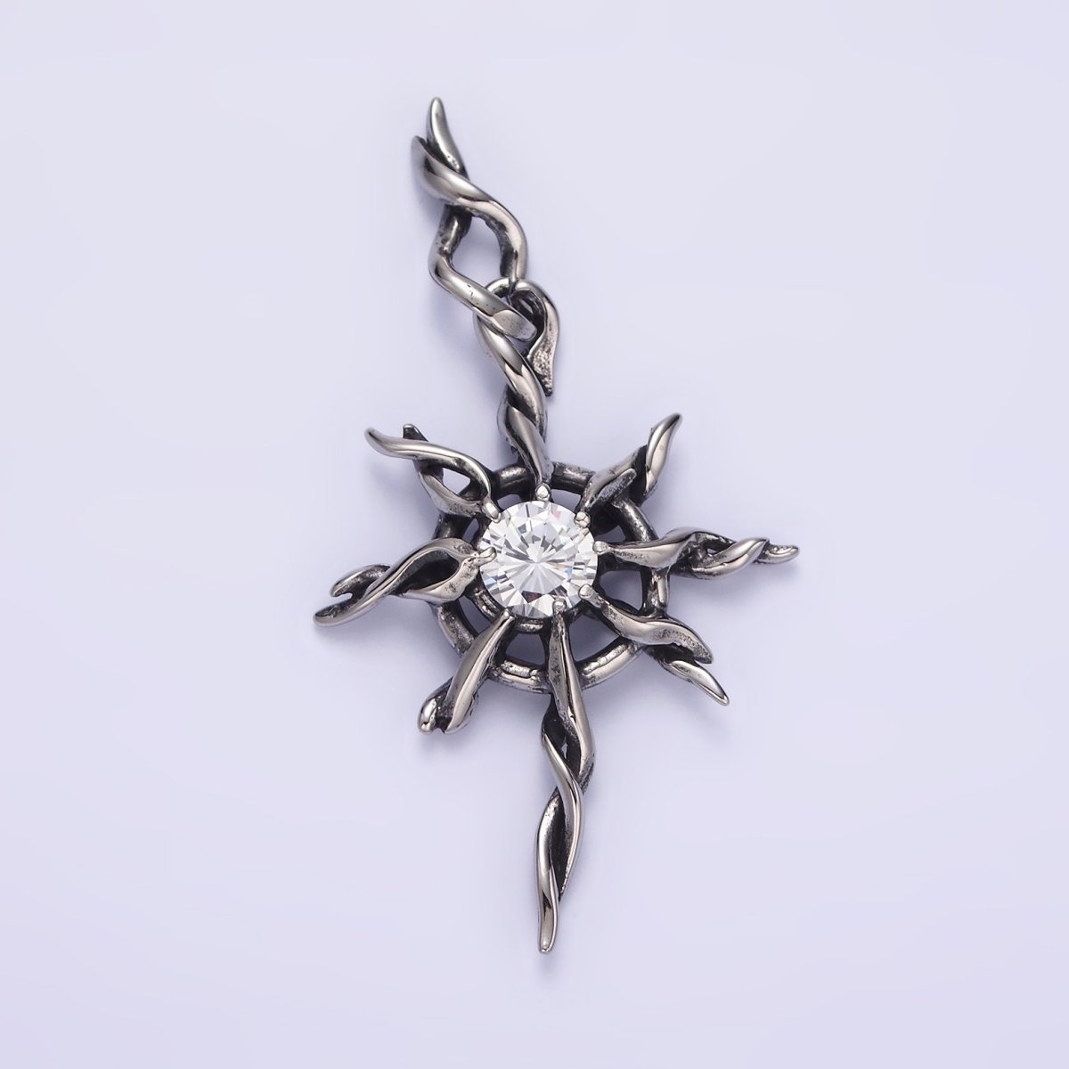 Stainless Steel 60mm Celestial Sun Star Clear CZ Twisted Ray Pendant | P-745
