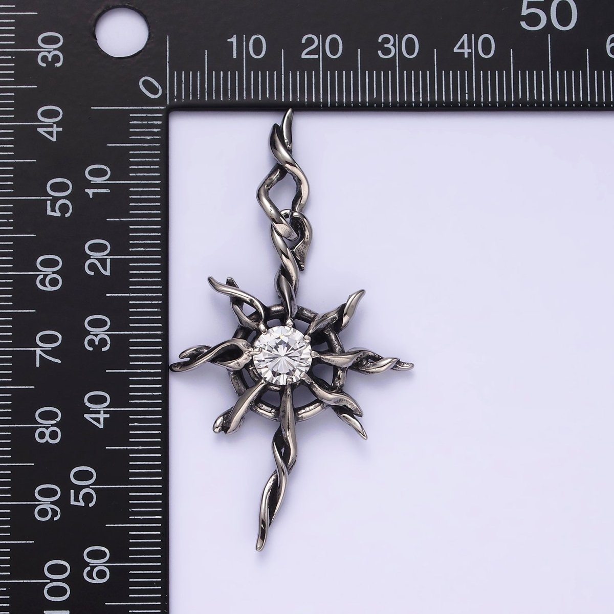 Stainless Steel 60mm Celestial Sun Star Clear CZ Twisted Ray Pendant | P-745