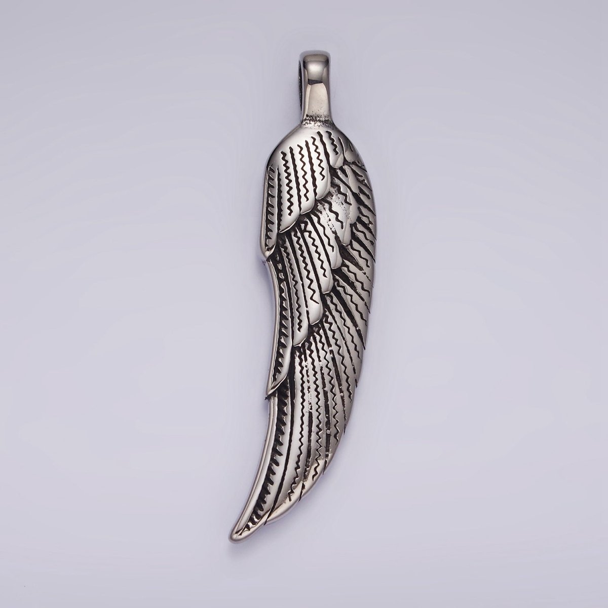 Stainless Steel 60mm Line-Textured Feather Angel Wing Oxidized Pendant | P876