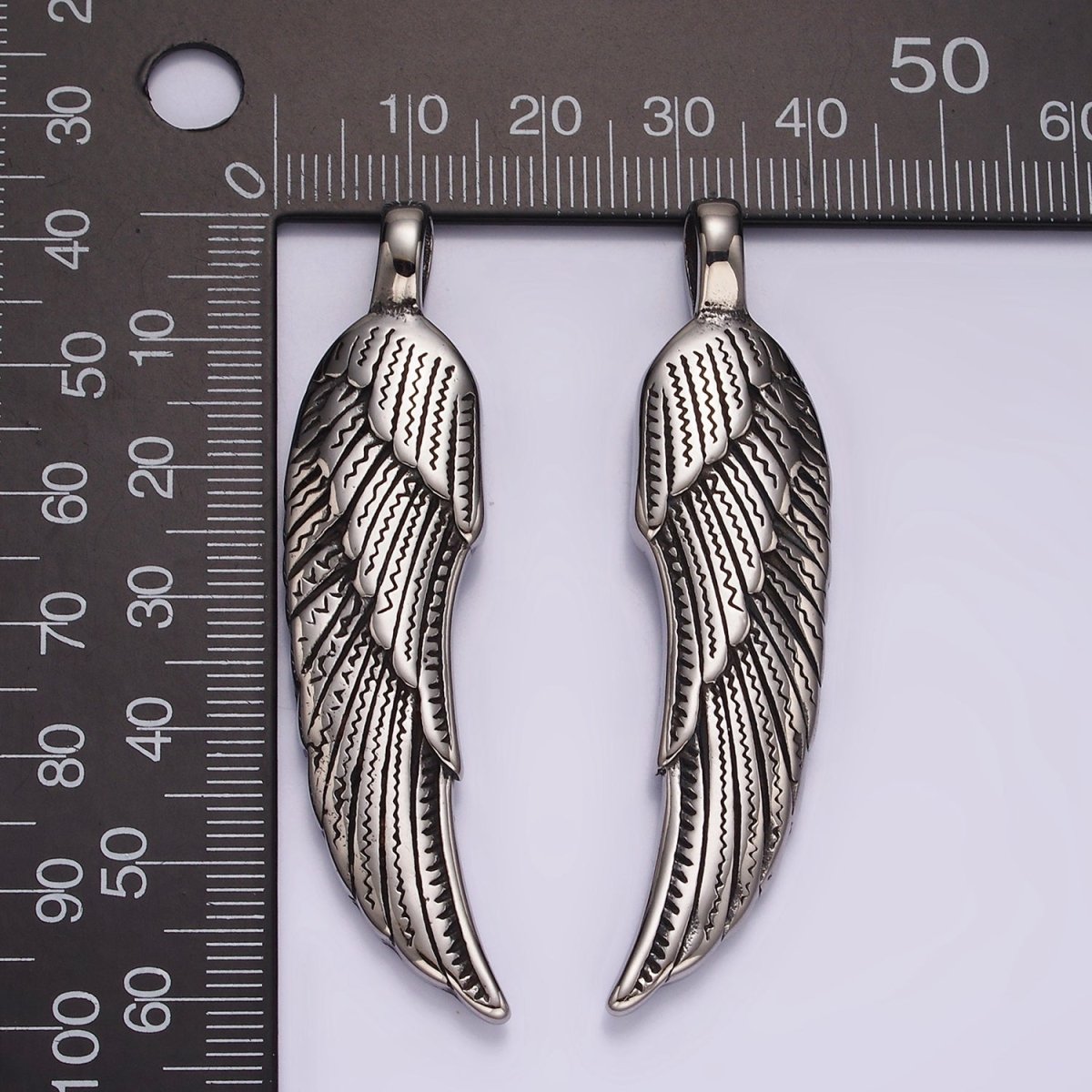 Stainless Steel 60mm Line-Textured Feather Angel Wing Oxidized Pendant | P876