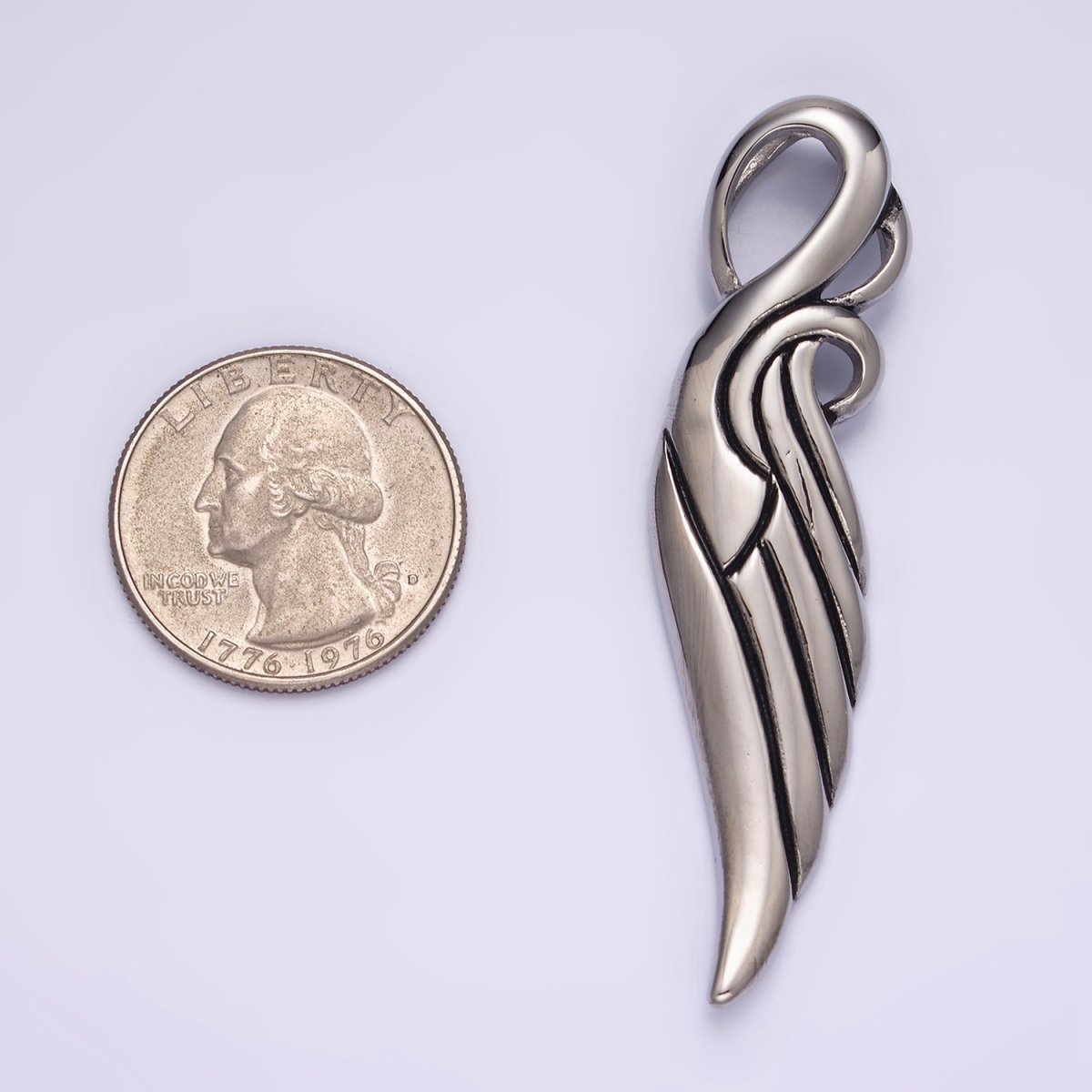 Stainless Steel 63mm Curved Lined Feather Wings Pendant | P-857