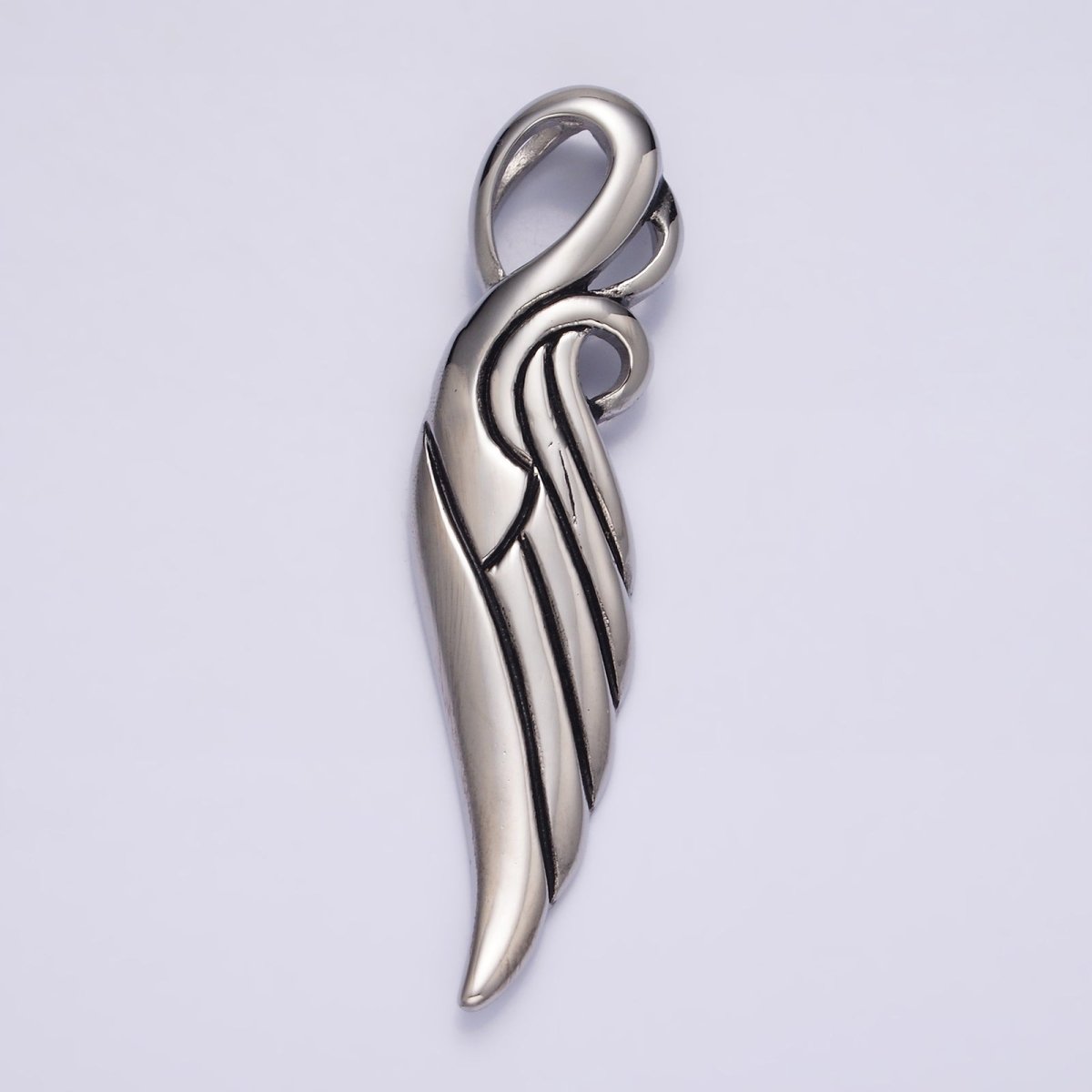Stainless Steel 63mm Curved Lined Feather Wings Pendant | P-857
