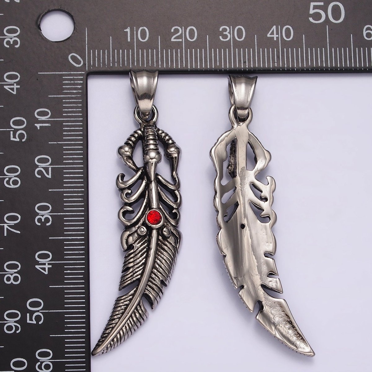 Stainless Steel 63mm Feather Charm Red Eye Long Statement Boho Oxidized Pendant | P871