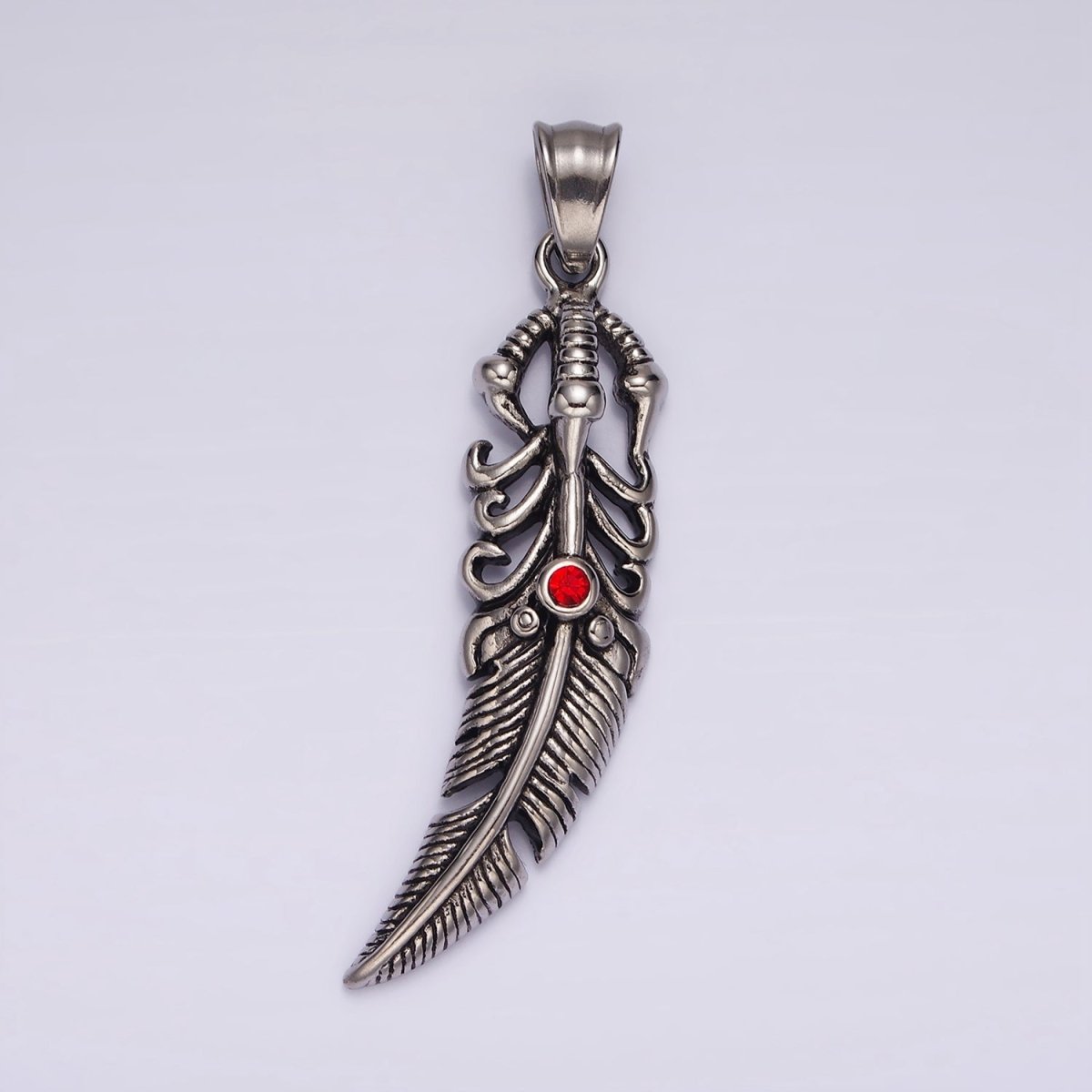 Stainless Steel 63mm Feather Charm Red Eye Long Statement Boho Oxidized Pendant | P871