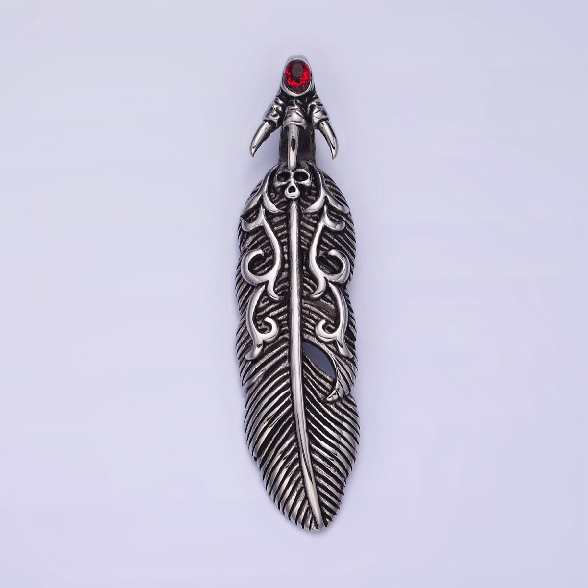 Stainless Steel 63mm Red CZ Feather Leaf Oxidized Pendant | P1390