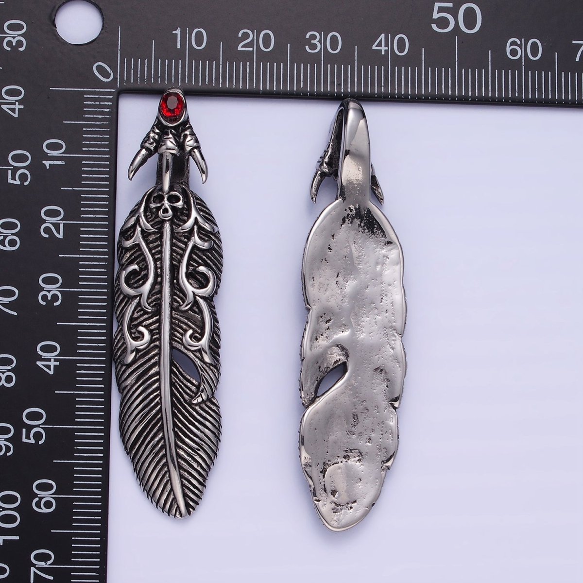Stainless Steel 63mm Red CZ Feather Leaf Oxidized Pendant | P1390
