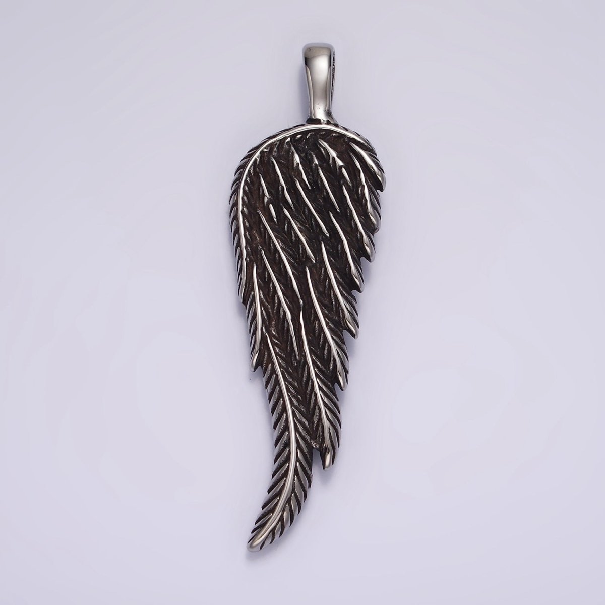 Stainless Steel 65mm Line-Textured Angel Wing Feather Oxidized Pendant | P868