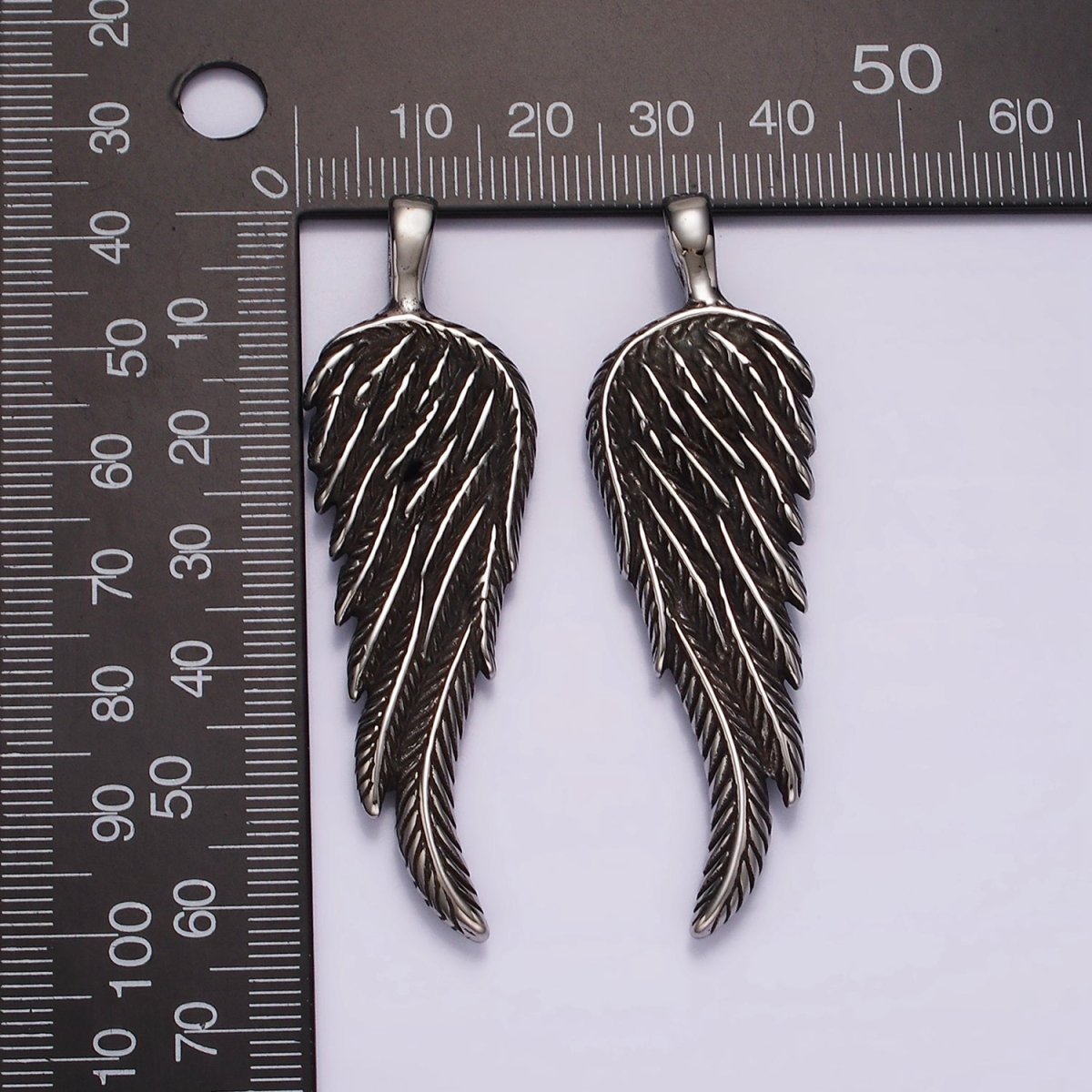 Stainless Steel 65mm Line-Textured Angel Wing Feather Oxidized Pendant | P868