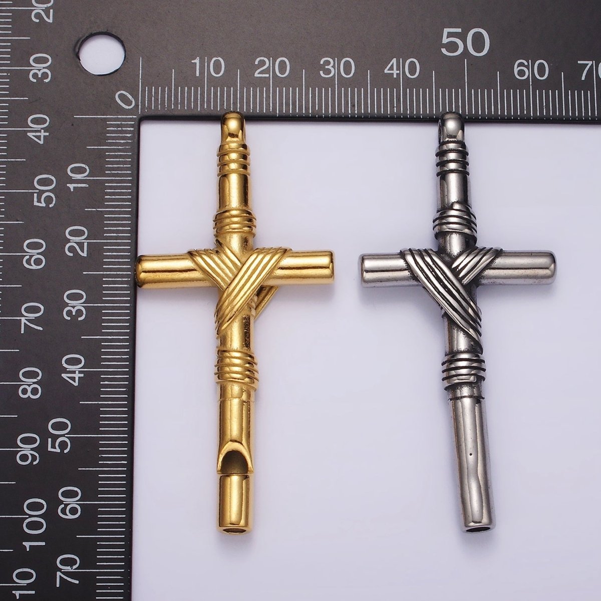 Stainless Steel 65mm Lined Rope Tied Latin Cross Religious Pendant in Gold & Silver | P1363