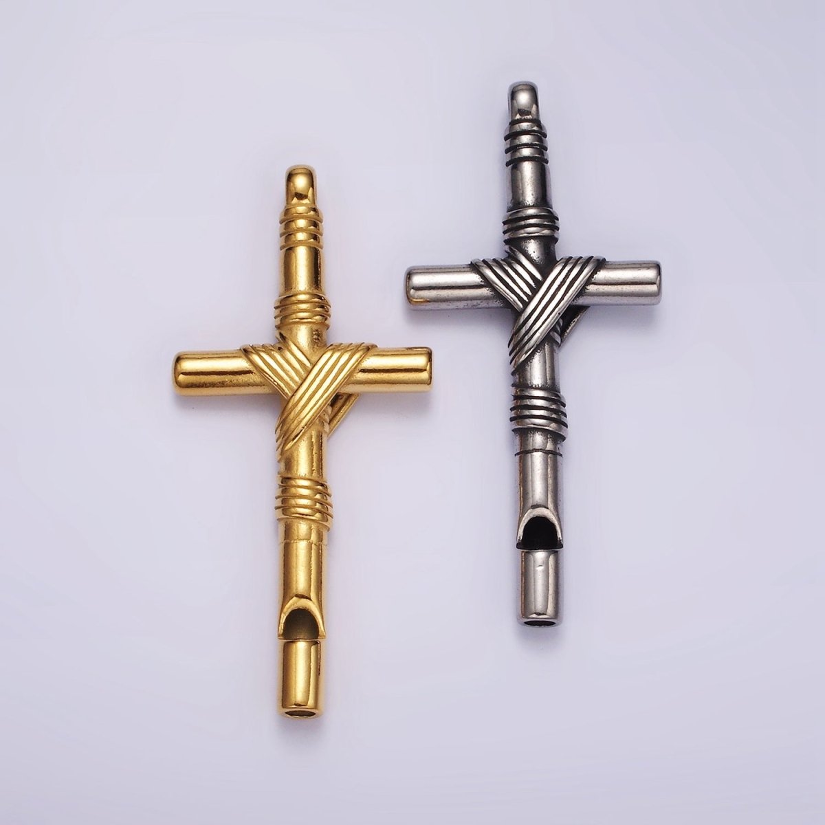 Stainless Steel 65mm Lined Rope Tied Latin Cross Religious Pendant in Gold & Silver | P1363