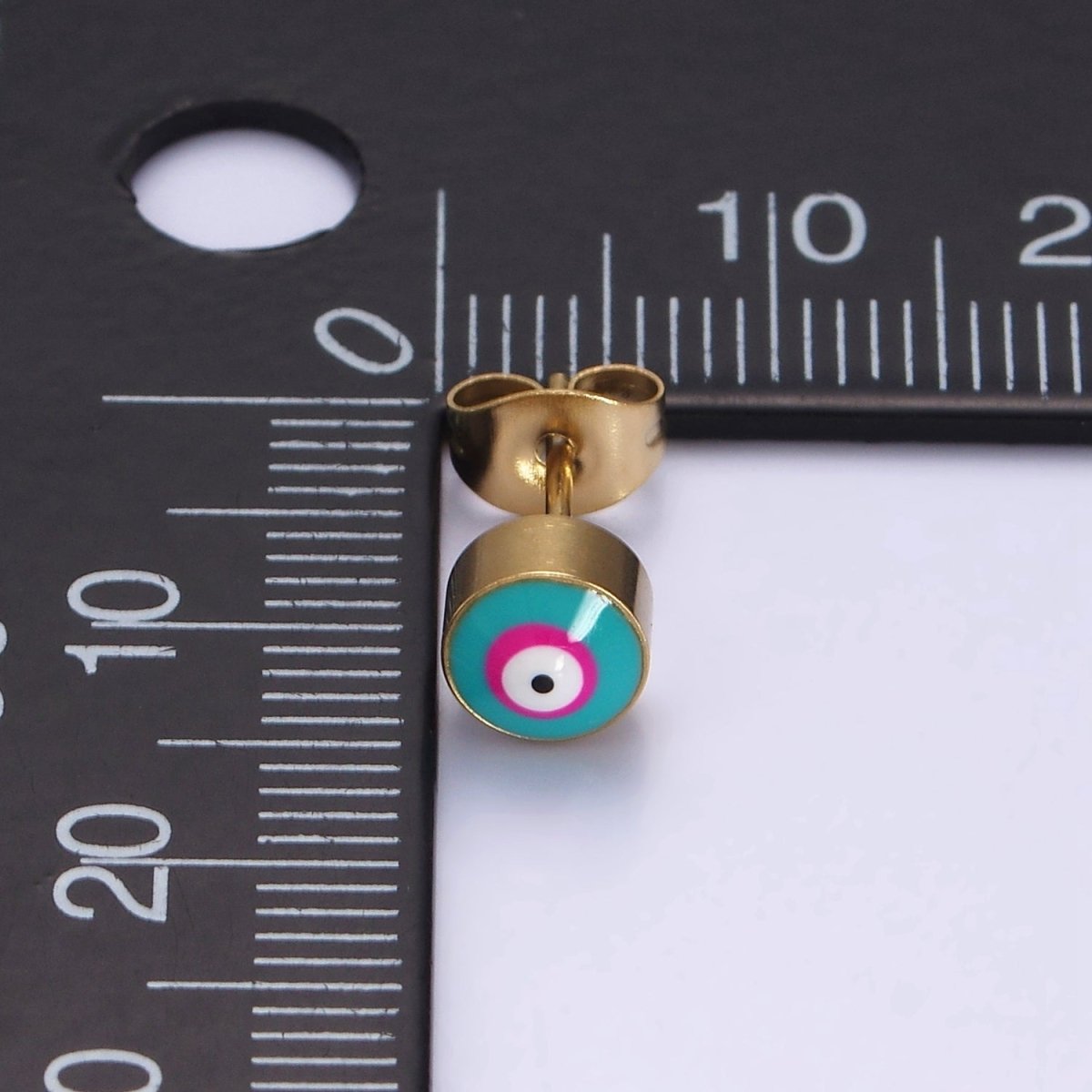 Stainless Steel 6mm Evil Eye Blue-Pink Enamel Round Stud Earrings | AE738