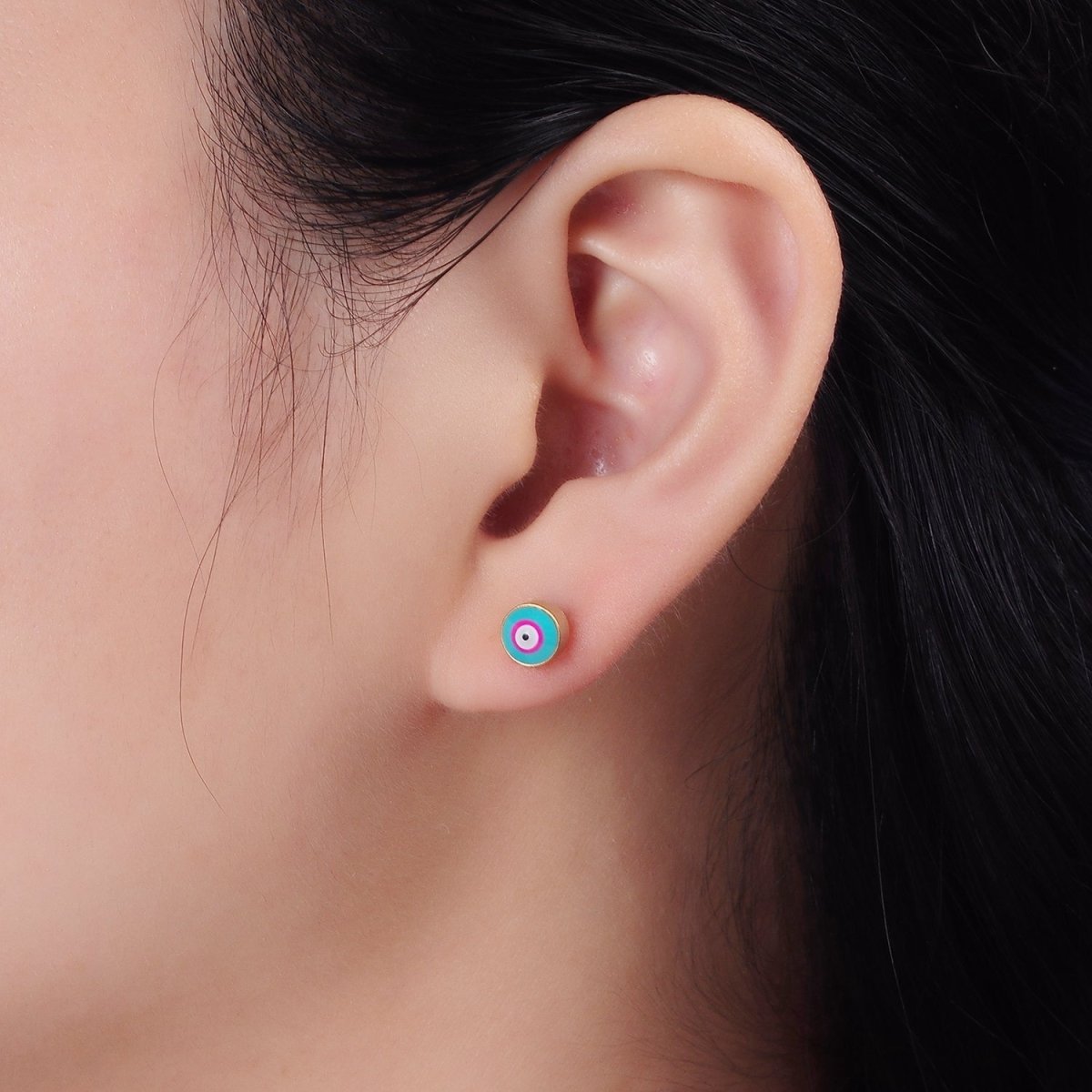 Stainless Steel 6mm Evil Eye Blue-Pink Enamel Round Stud Earrings | AE738