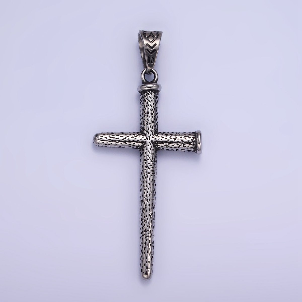 Stainless Steel 74mm Textured Nail Religious Cross Oxidized Silver Pendant | P1413
