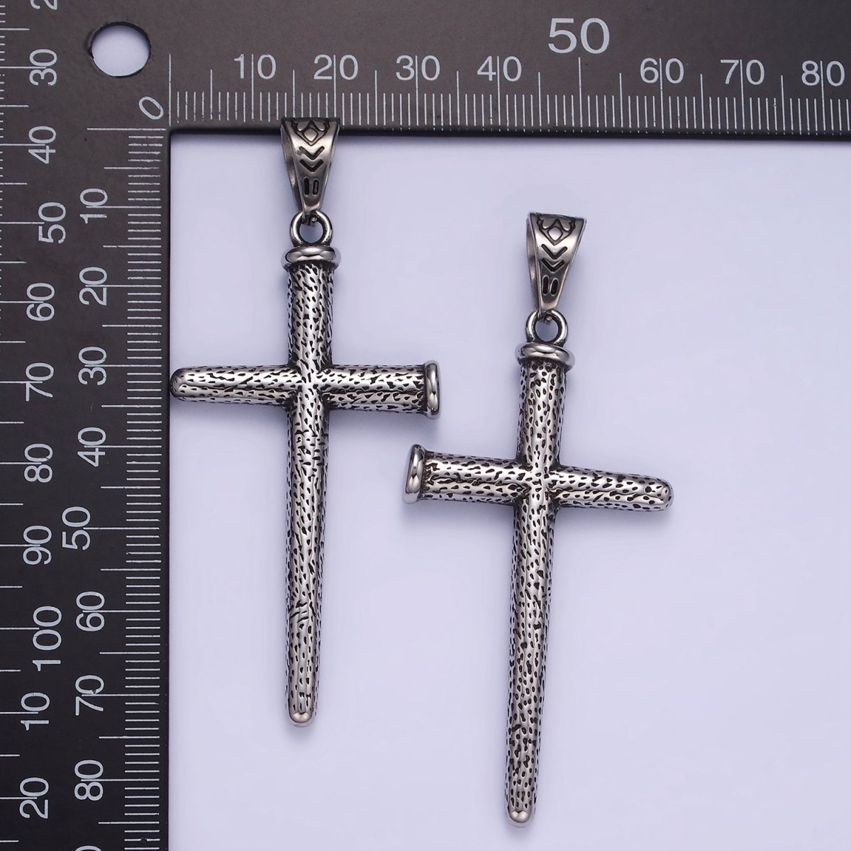 Stainless Steel 74mm Textured Nail Religious Cross Oxidized Silver Pendant | P1413