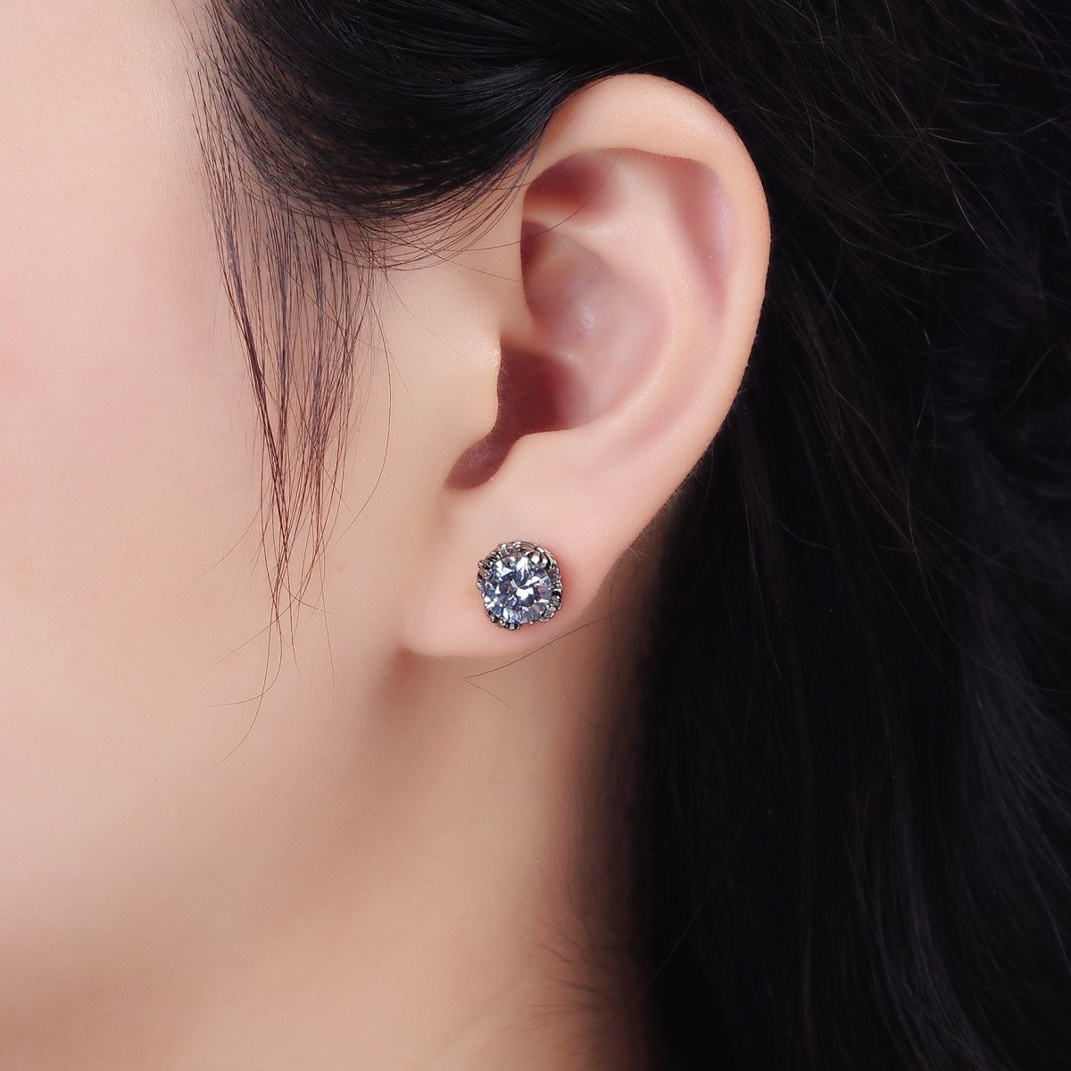 Stainless Steel 8.5mm Clear Round CZ Flower Lined Stud Earrings | AE756