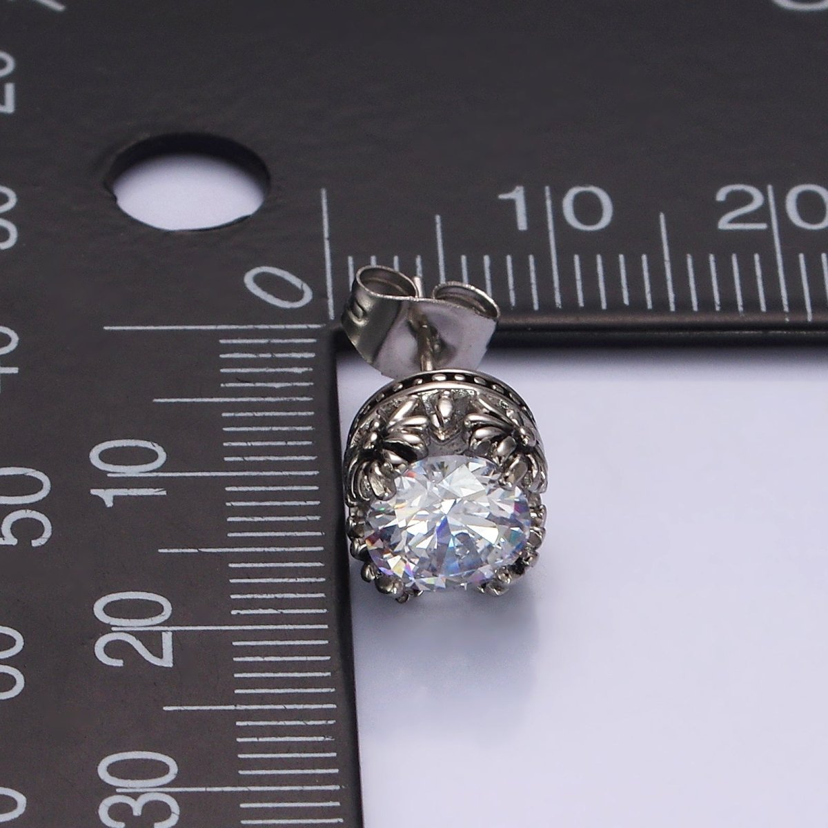 Stainless Steel 8.5mm Clear Round CZ Flower Lined Stud Earrings | AE756