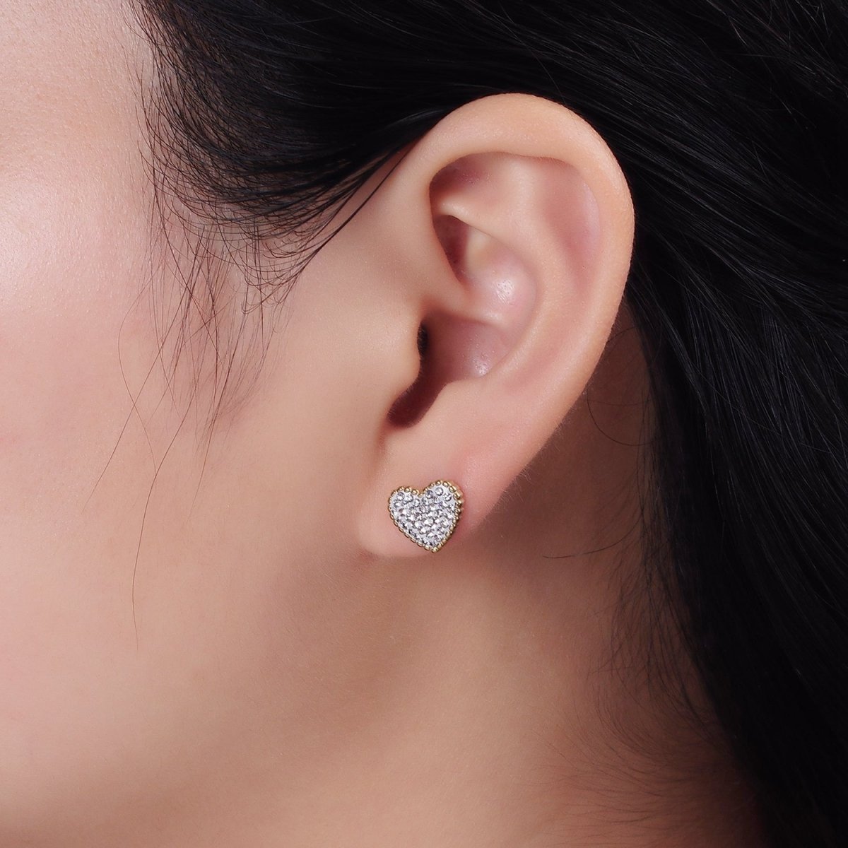 Stainless Steel 9mm Clear Micro Paved CZ White Heart Stud Earrings | AE735