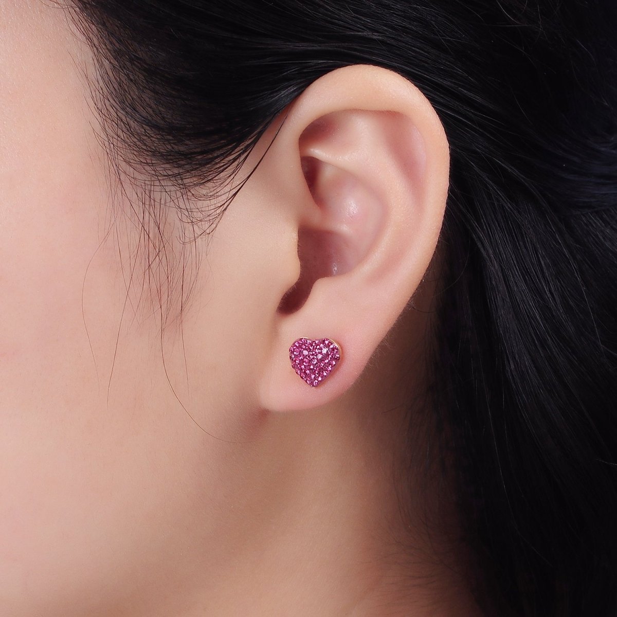 Stainless Steel 9mm Hot Pink Micro Paved CZ Heart Stud Earrings | AE736