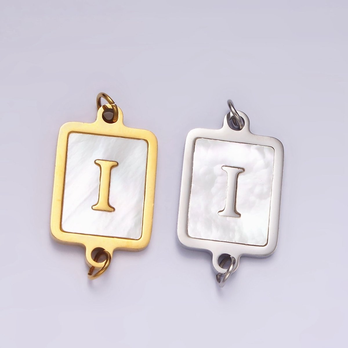 Stainless Steel A-Z Initial Letter Alphabet Shell Pearl Rectangular Gold Connector | A-A1184-A-A1196