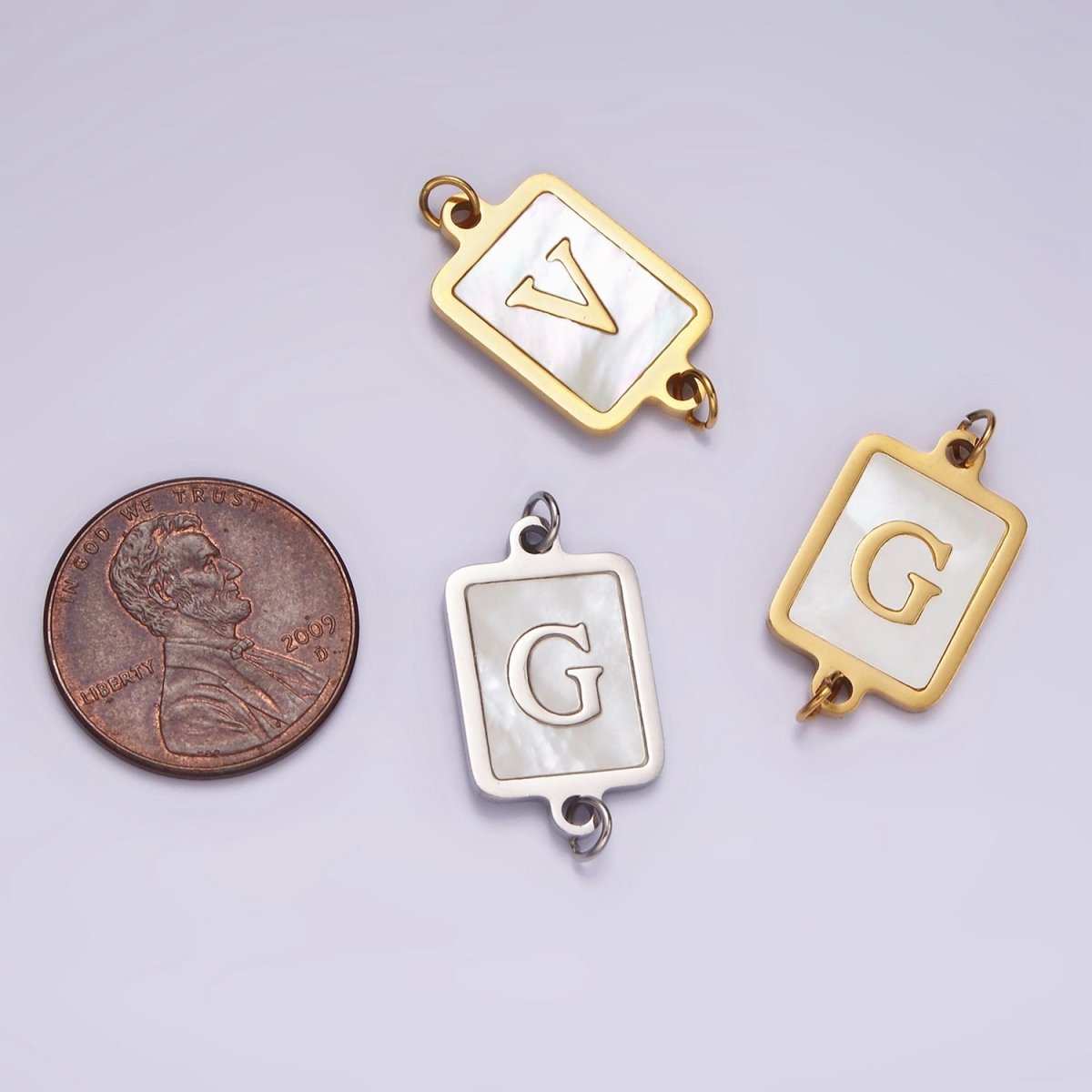 Stainless Steel A-Z Initial Letter Alphabet Shell Pearl Rectangular Silver Connector | A-A1106-A-A1118